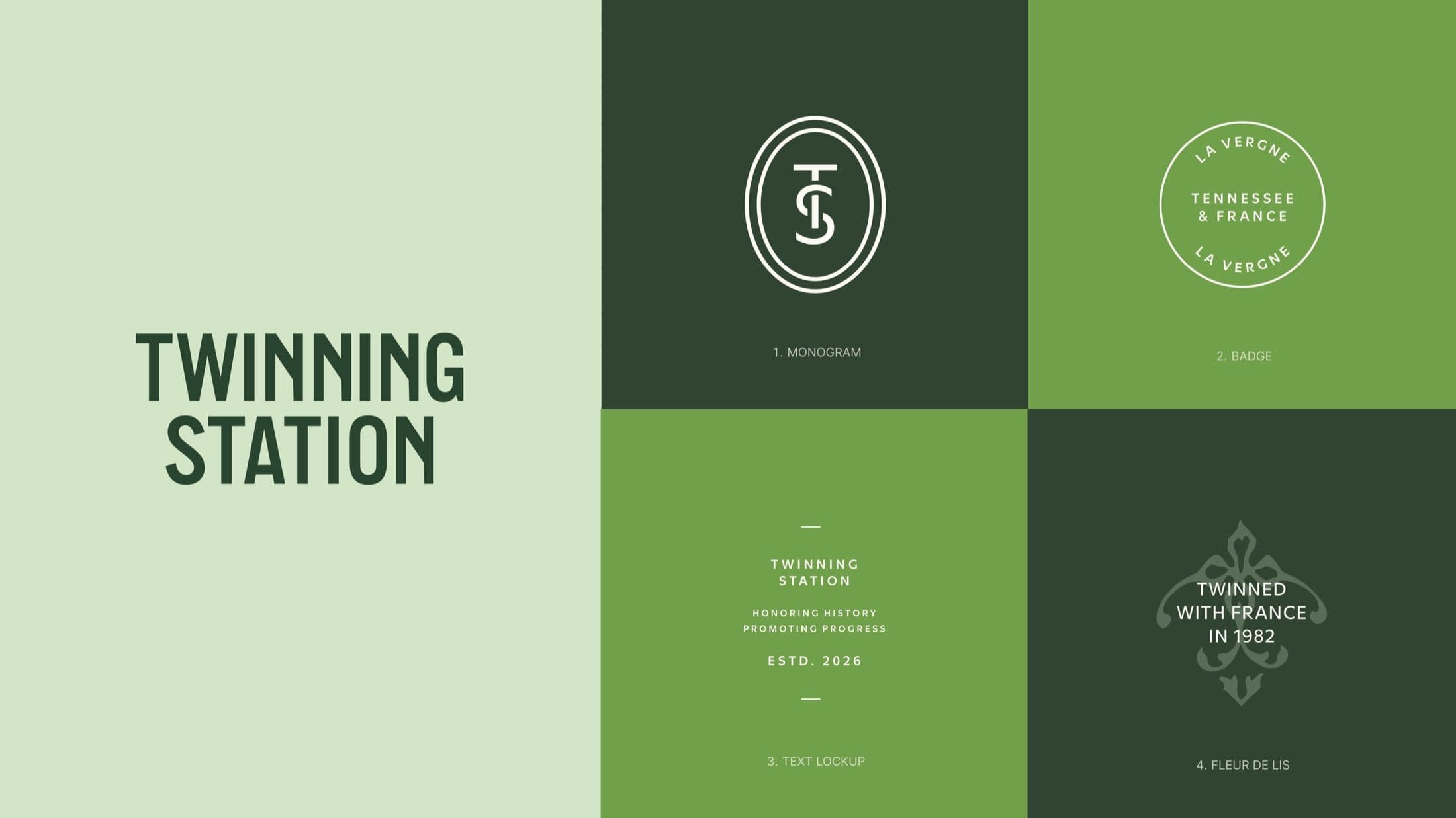 Visual identity sheet for Twinning Station featuring Monogram, Badge for La Vergne, Tennessee & France, Text Lockup, and a 'Twinned with France in 1982' Fleur de Lis design.