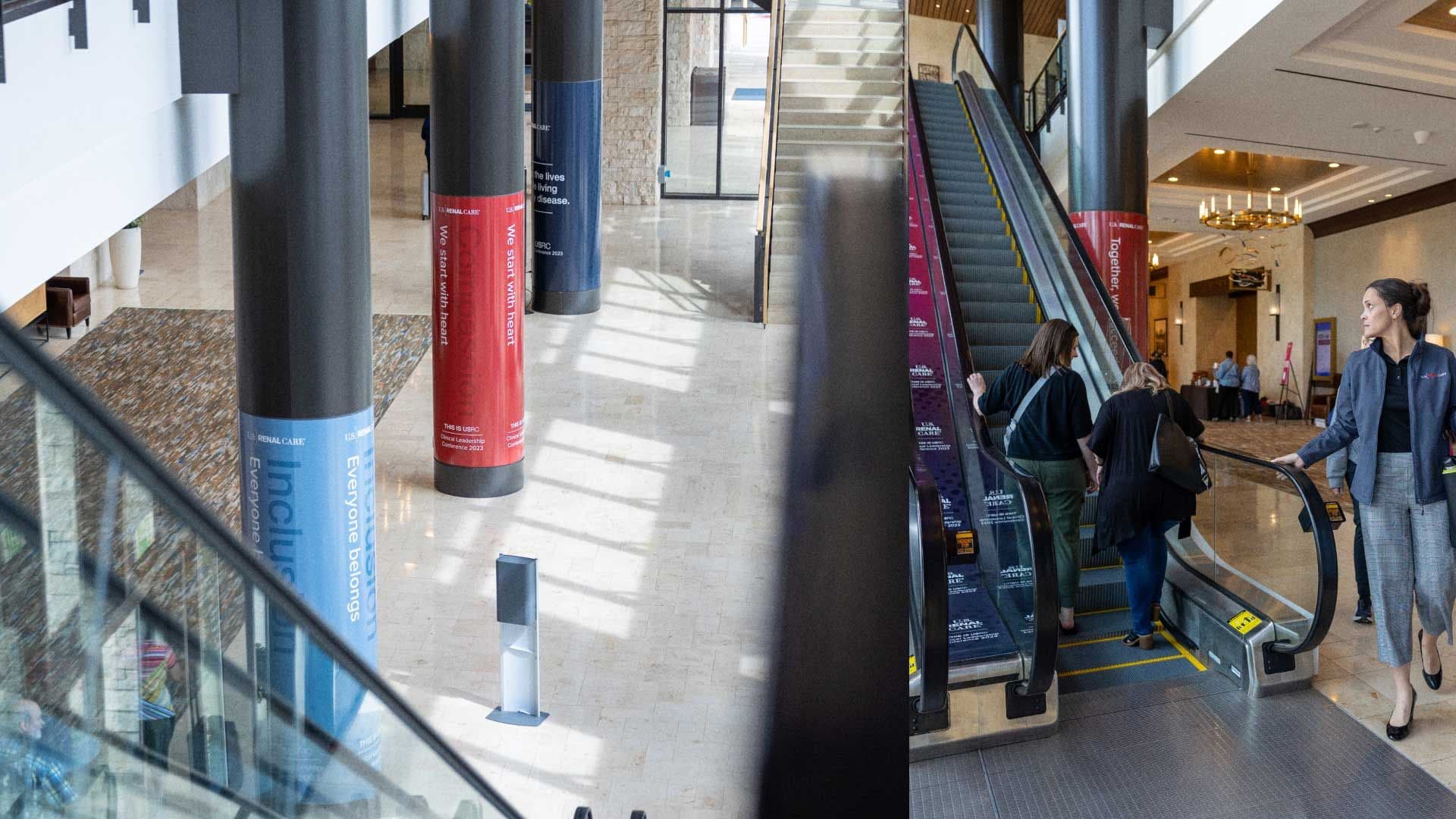 Branded USRC wraps on pillars in a building