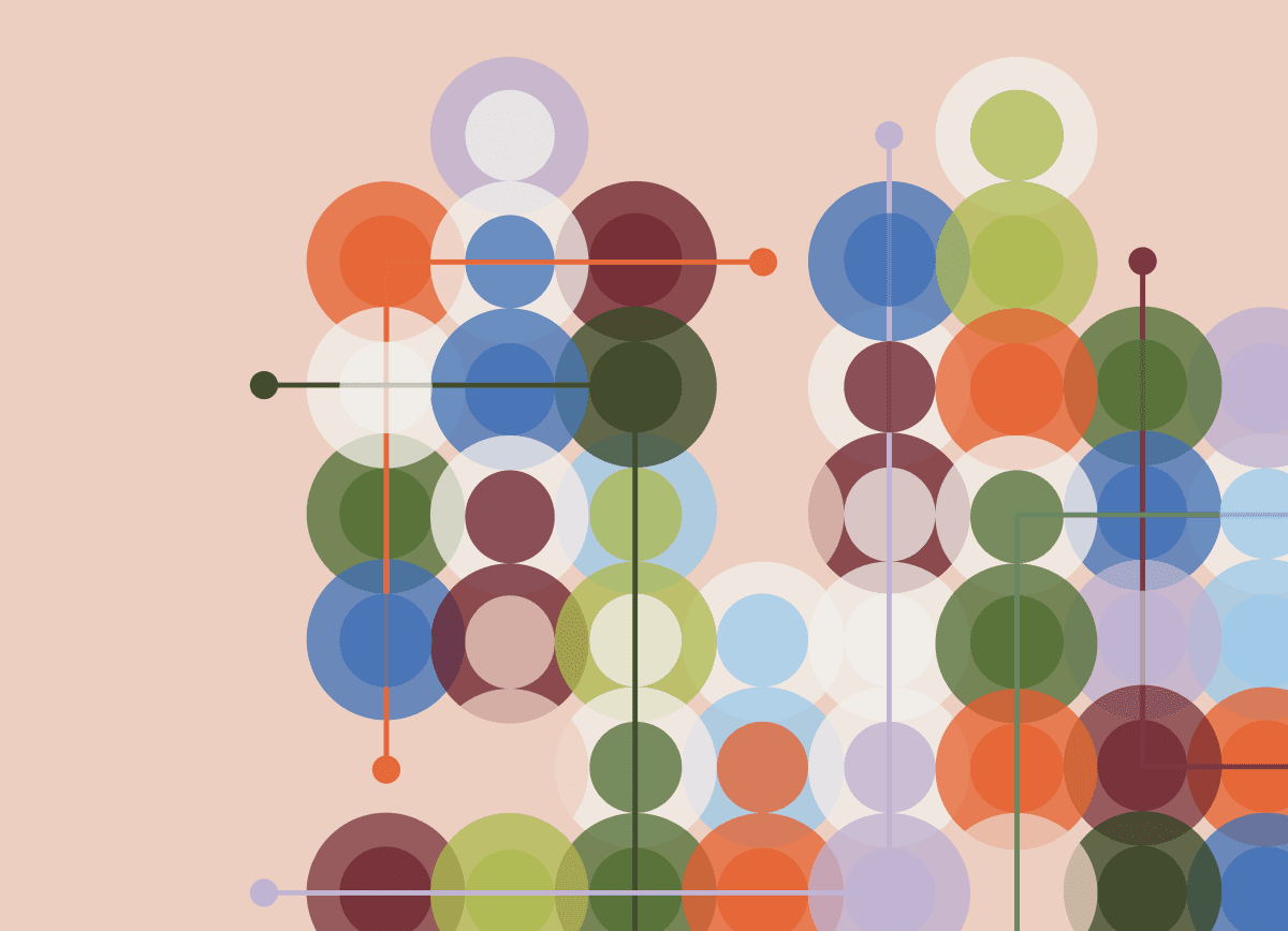 Rows of overlapping colored circles joined by thin lines, on blush