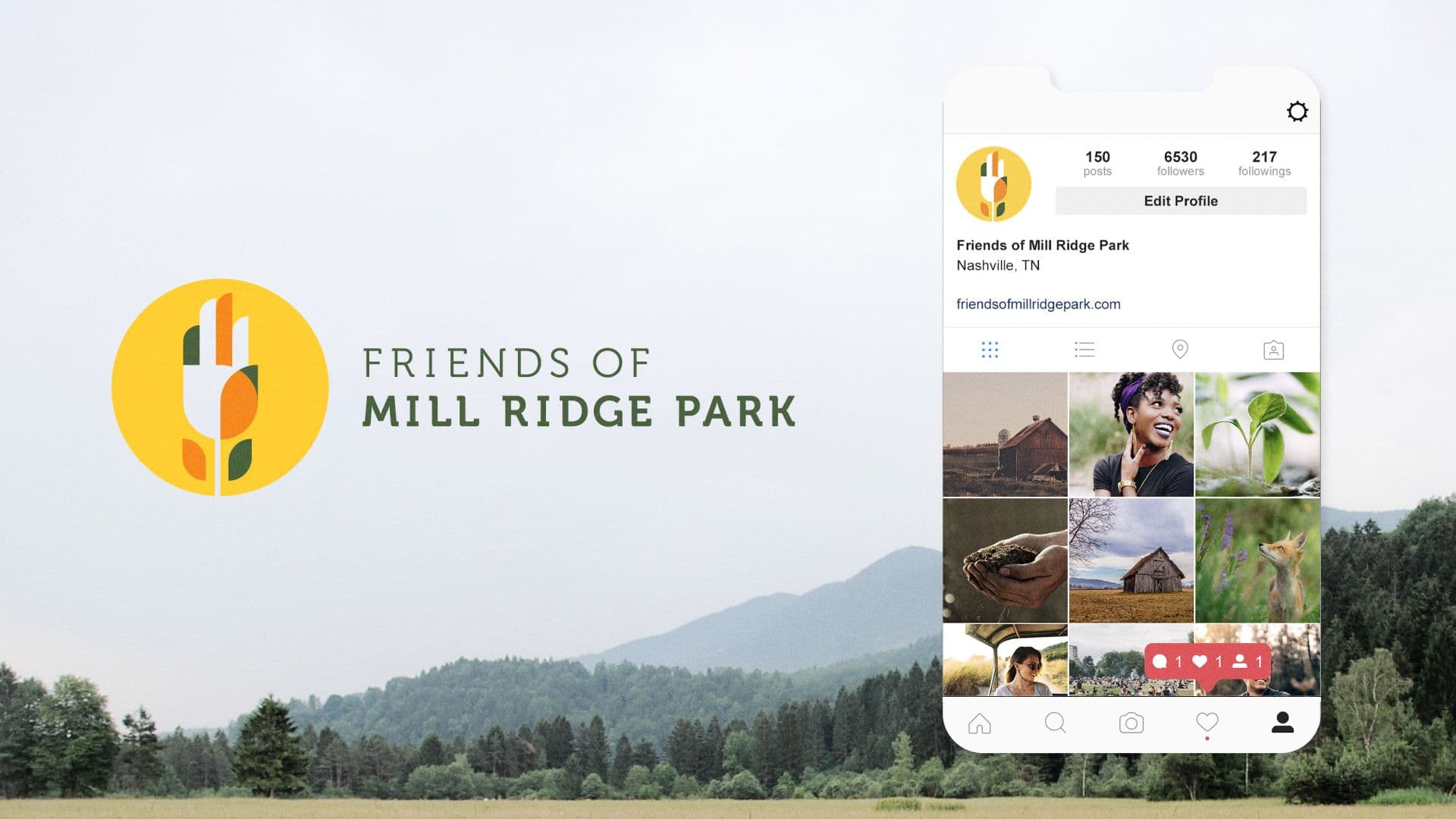Friends of Mill Ridge Park logo and Instagram profile mockup featuring nature photography.
