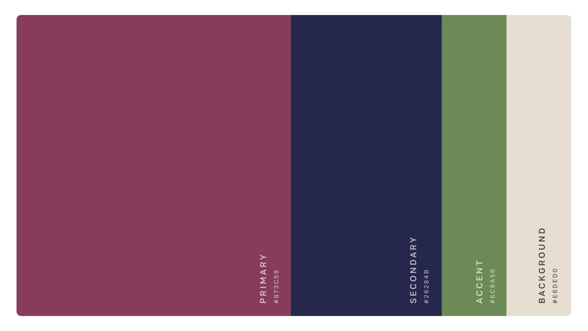 A color palette for the Synchronous Health brand, consisting of four vertical swatches. From left to right, the colors are: Primary (#873C59), a deep reddish-purple; Secondary (#262B4B), a dark navy blue; Accent (#6C8A56), a muted green; and Background (#E6DED0), an off-white.