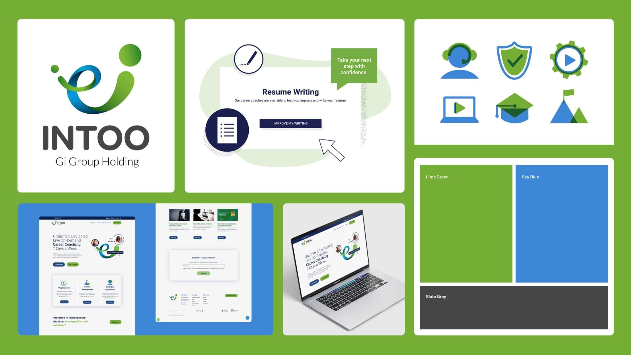 INTOO project board displaying the full brand system, including green and blue color palette, messaging, iconography, and web interface design.