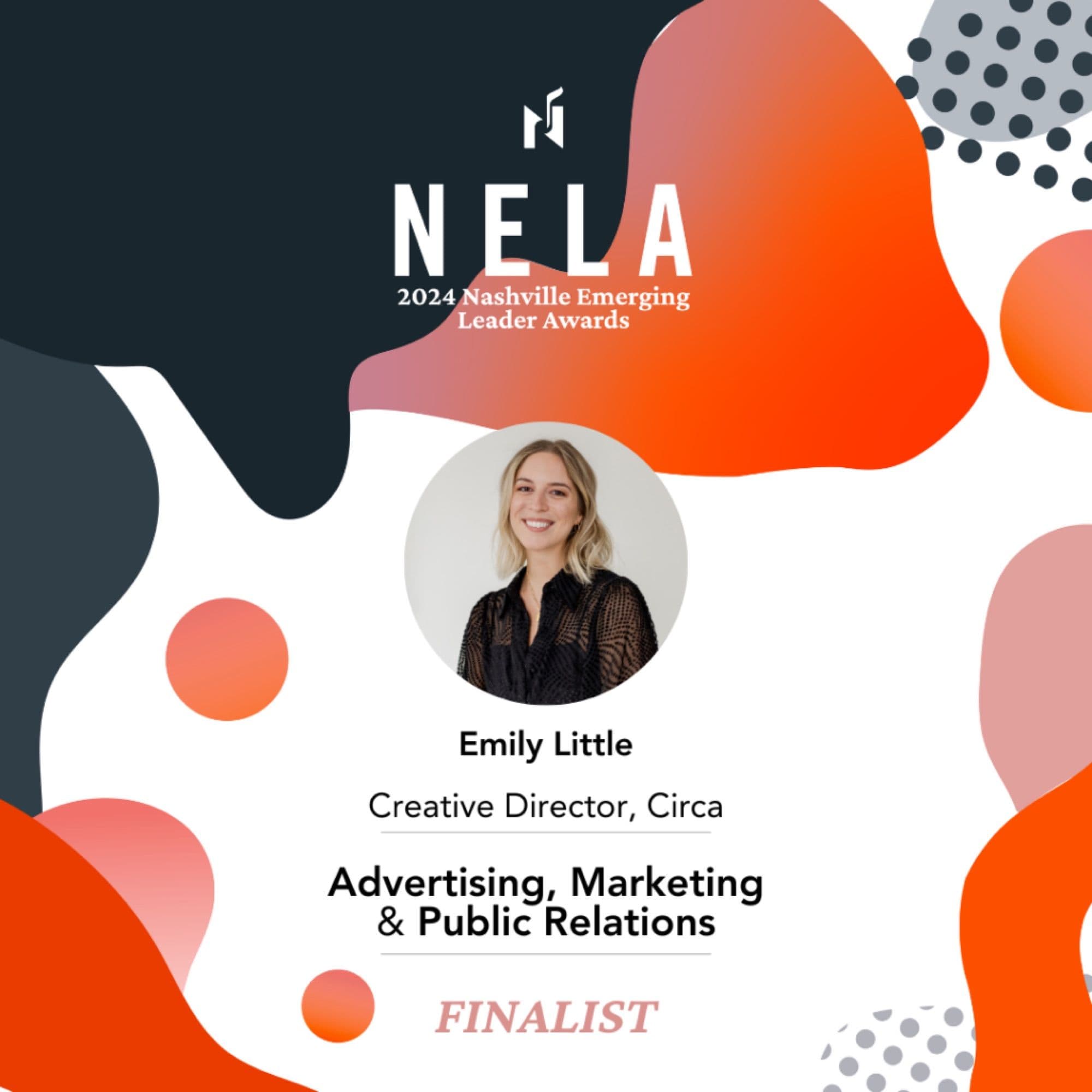 Colorful graphic finalist announcement post for Emily Little as a finalist for the Nashville Emerging Leader Award in Advertising, Marketing, and Public Relations.