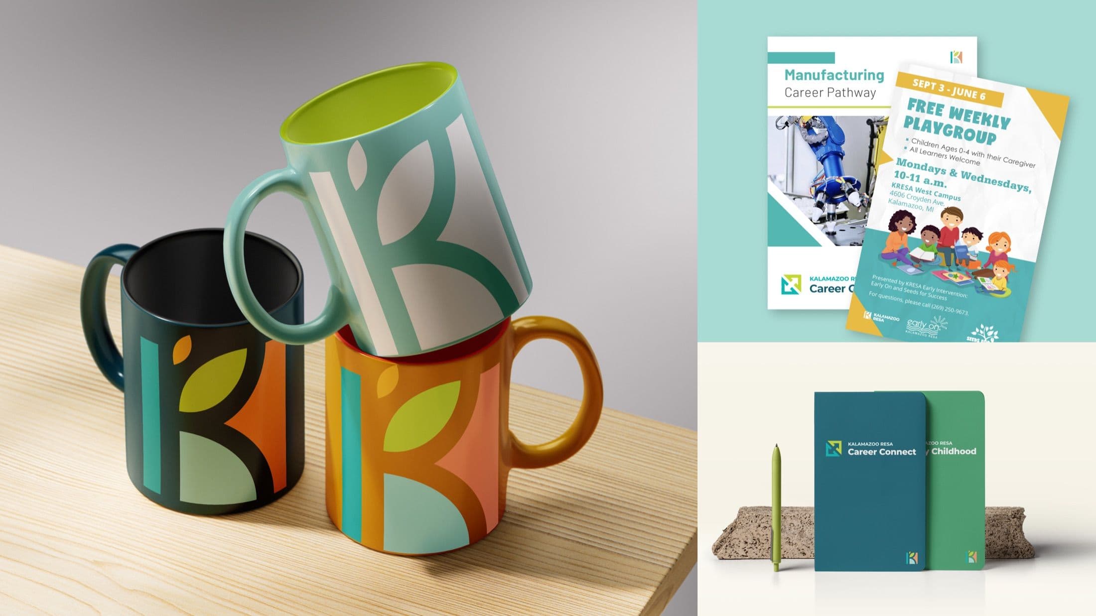 Examples of KRESA brand implementation: mugs, pens, notebooks, and brochures