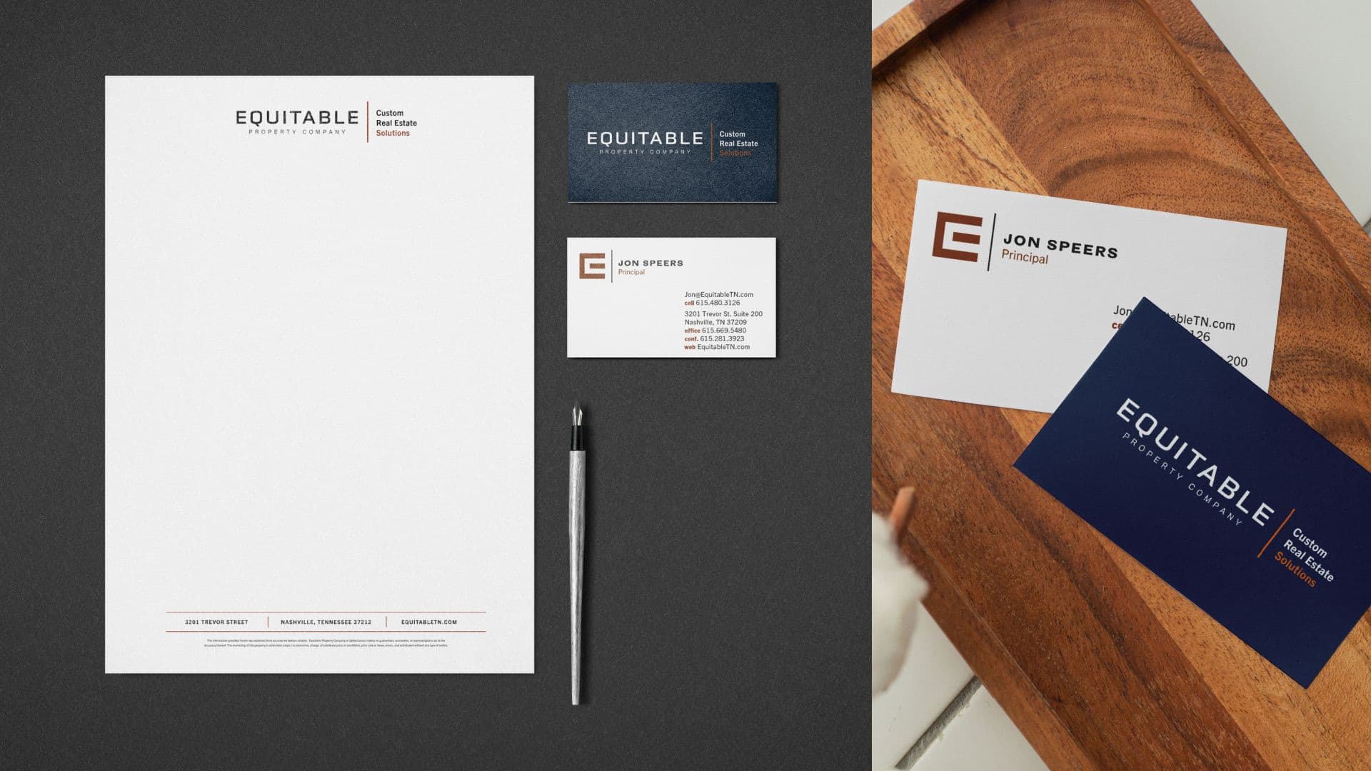 A branding image showing two logo variations: a brown 'E' monogram and the white 'EPco' logo, next to a color palette of dark blue, brown, gold, white, light gray, and black.