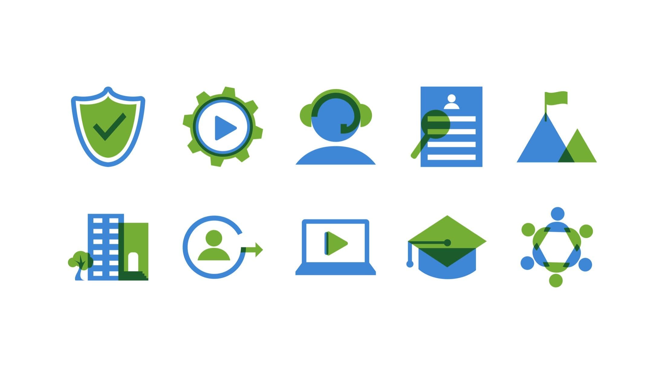 Green and blue iconography developed for INTOO’s website, showcasing custom symbols that support navigation, storytelling, and brand recognition.