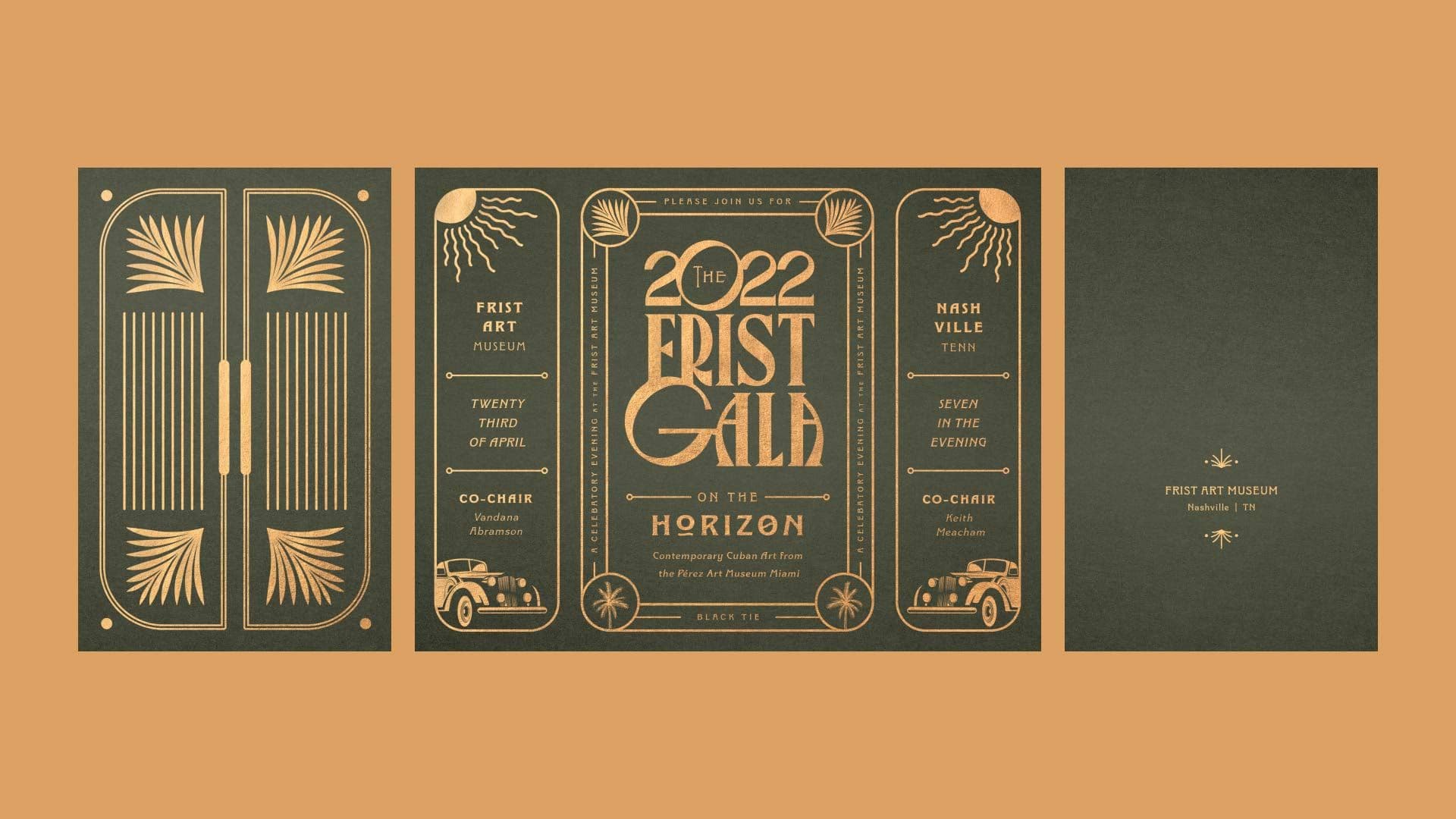 Flat lay of the Frist trifold design on a sandy color background