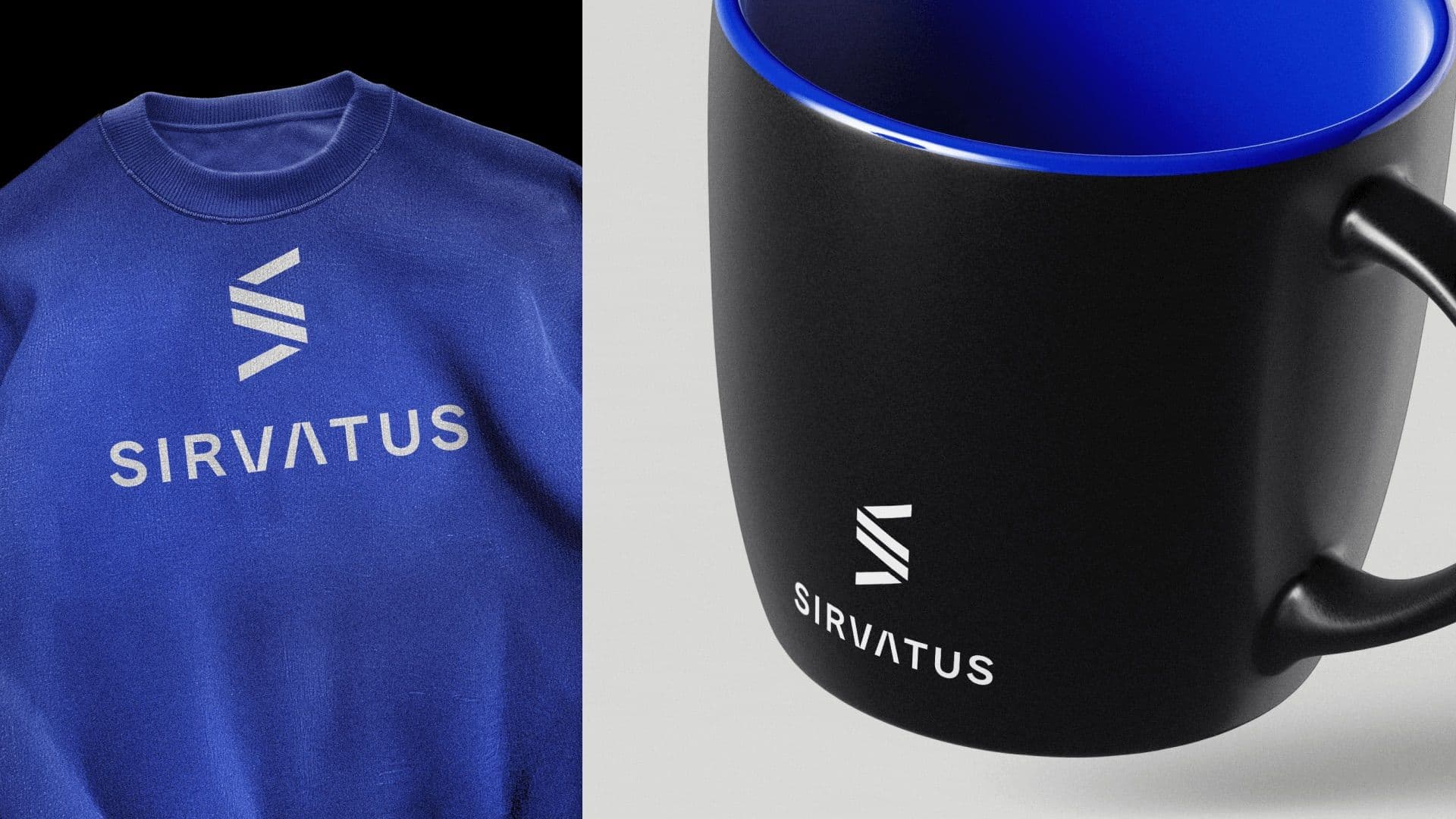 Sirvatus merchandise featuring a blue shirt and mug with their logo, demonstrating brand versatility