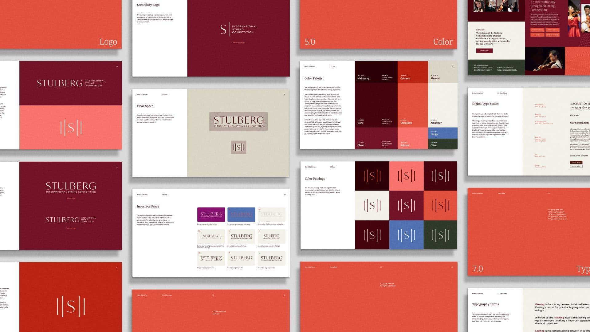 Full visual identity style guide pages for Stulberg Competition, including color swatches and logo variations.