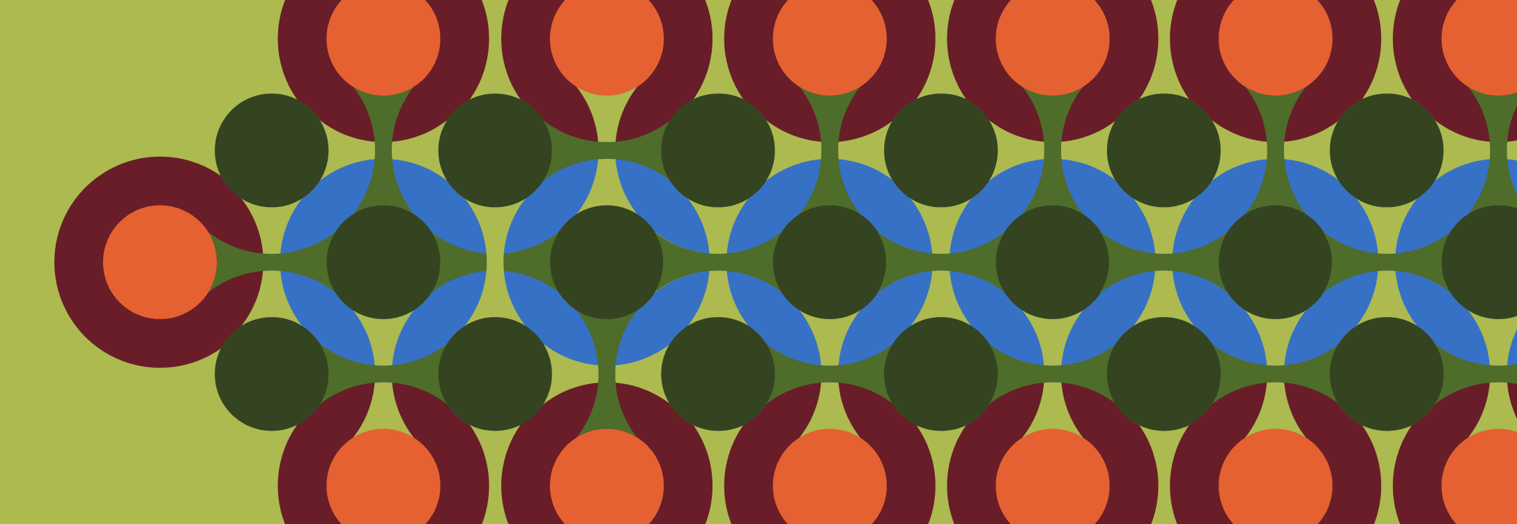 An interlocking pattern of circles in orange, burgundy, dark green and bright blue on olive green