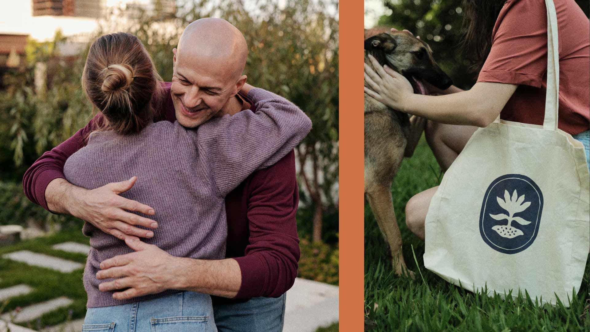 Collage showing two people hugging and a tote bag branded for Armistead