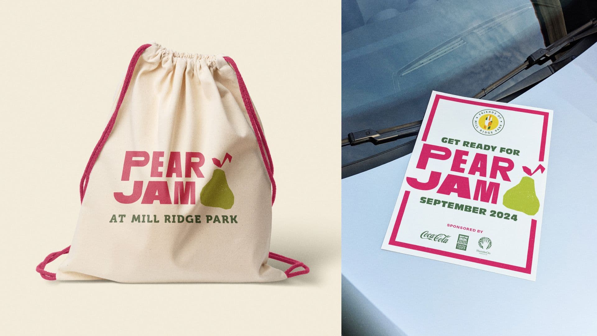 Pear Jam festival drawstring bag and event flyer showing September 2024 date.