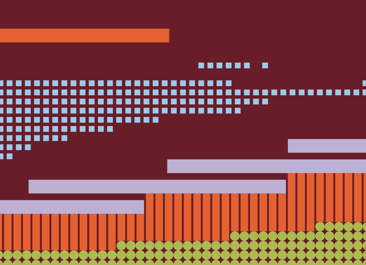 Bars, dots and stripes in orange, lavender and pale blue rising across a burgundy background, like a chart