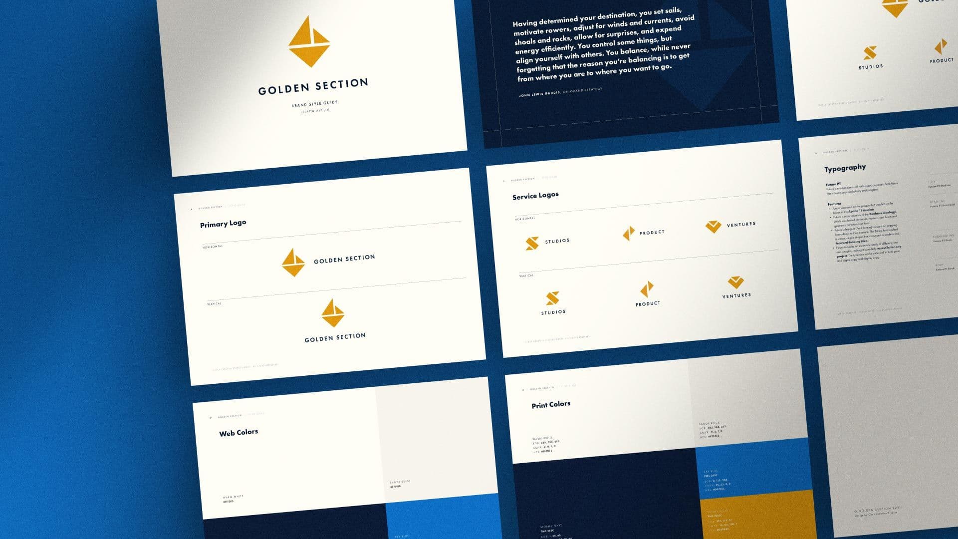 Grid of pages from the brand guide on top of a blue background