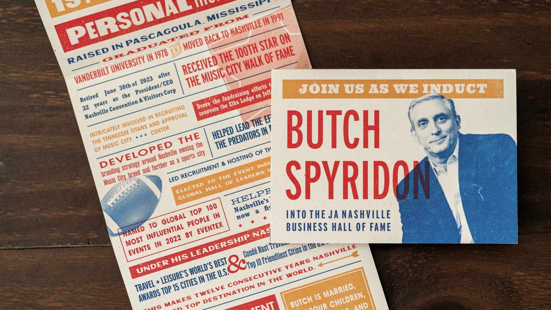 Folded invitation with Butch Spyridon's photo on top of an unfolded version of the invitation
