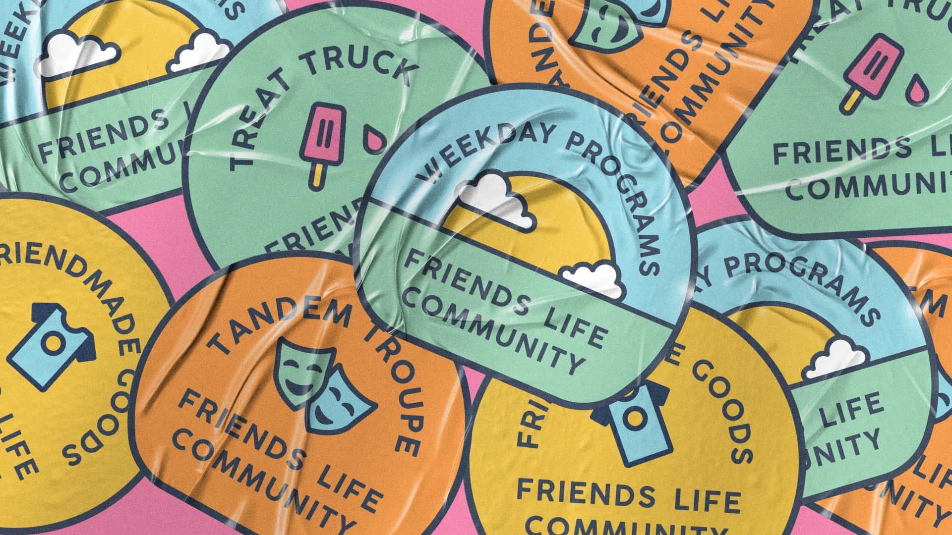 FLC branded stickers featuring custom illustrations