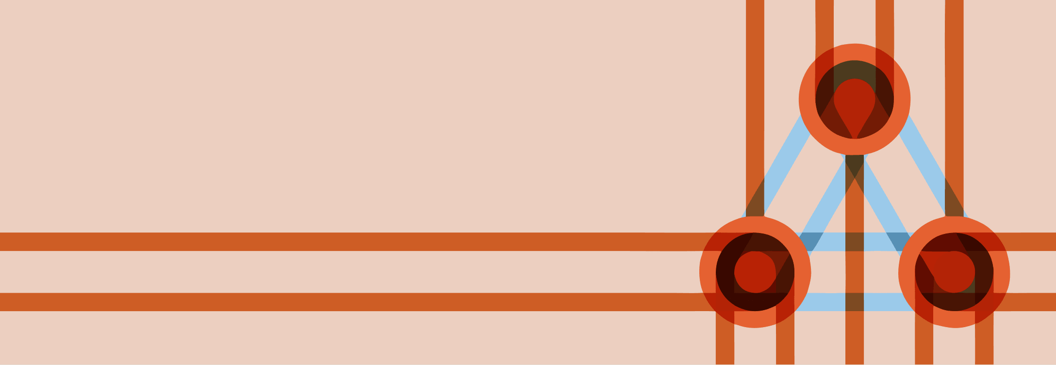 Three burgundy circles joined in a triangle over a grid of orange and blue lines, on blush