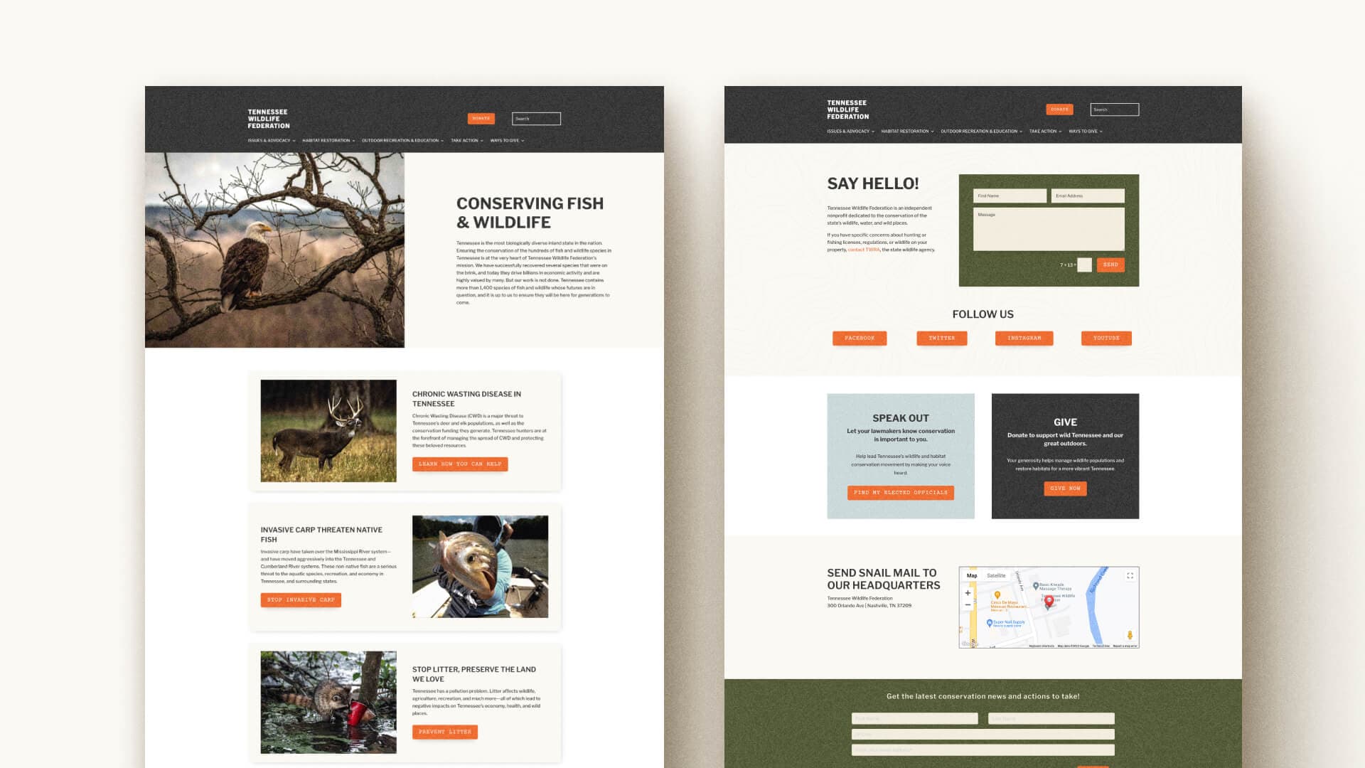 Screenshots of the website showing Conserving Fish & Wildlife and Contact pages.