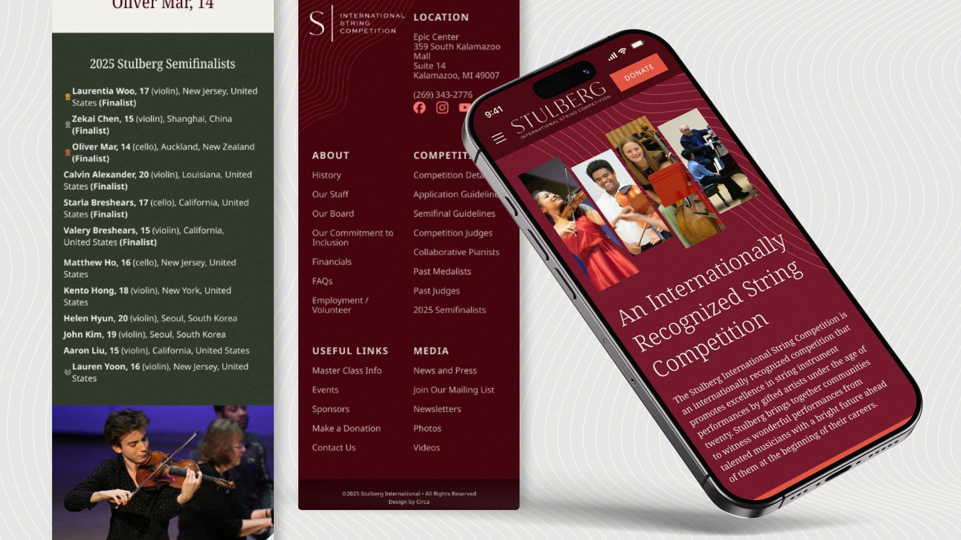 Responsive mobile website view for Stulberg Competition, including semifinalist list and menu layout.