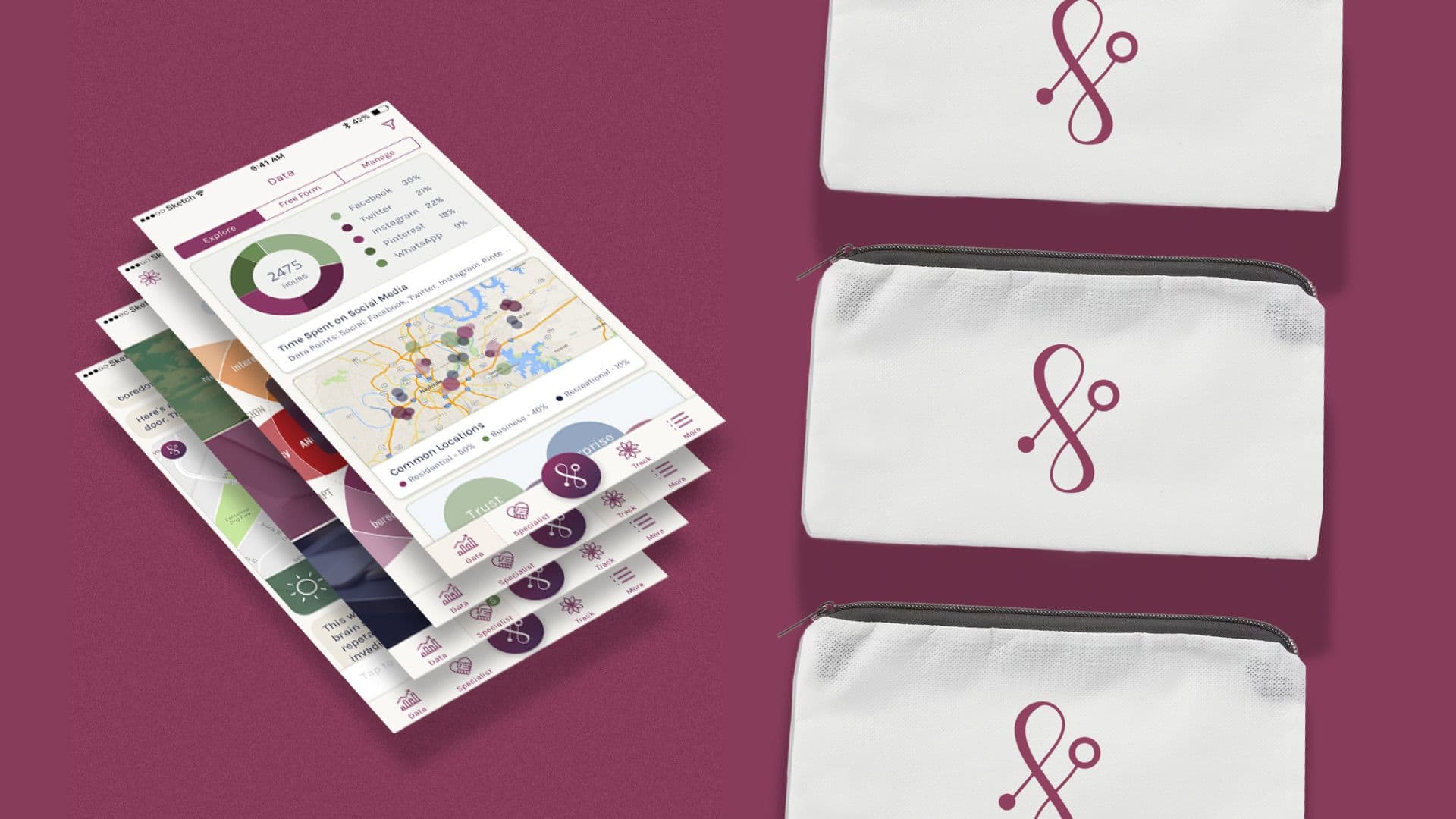 A composite image displays the branding for Synchronous Health. On the left, a fanned stack of mock-up mobile phone screens shows a data dashboard and app interface. On the right, three identical white zippered pouches, each featuring the company's burgundy stethoscope logo, are stacked vertically.