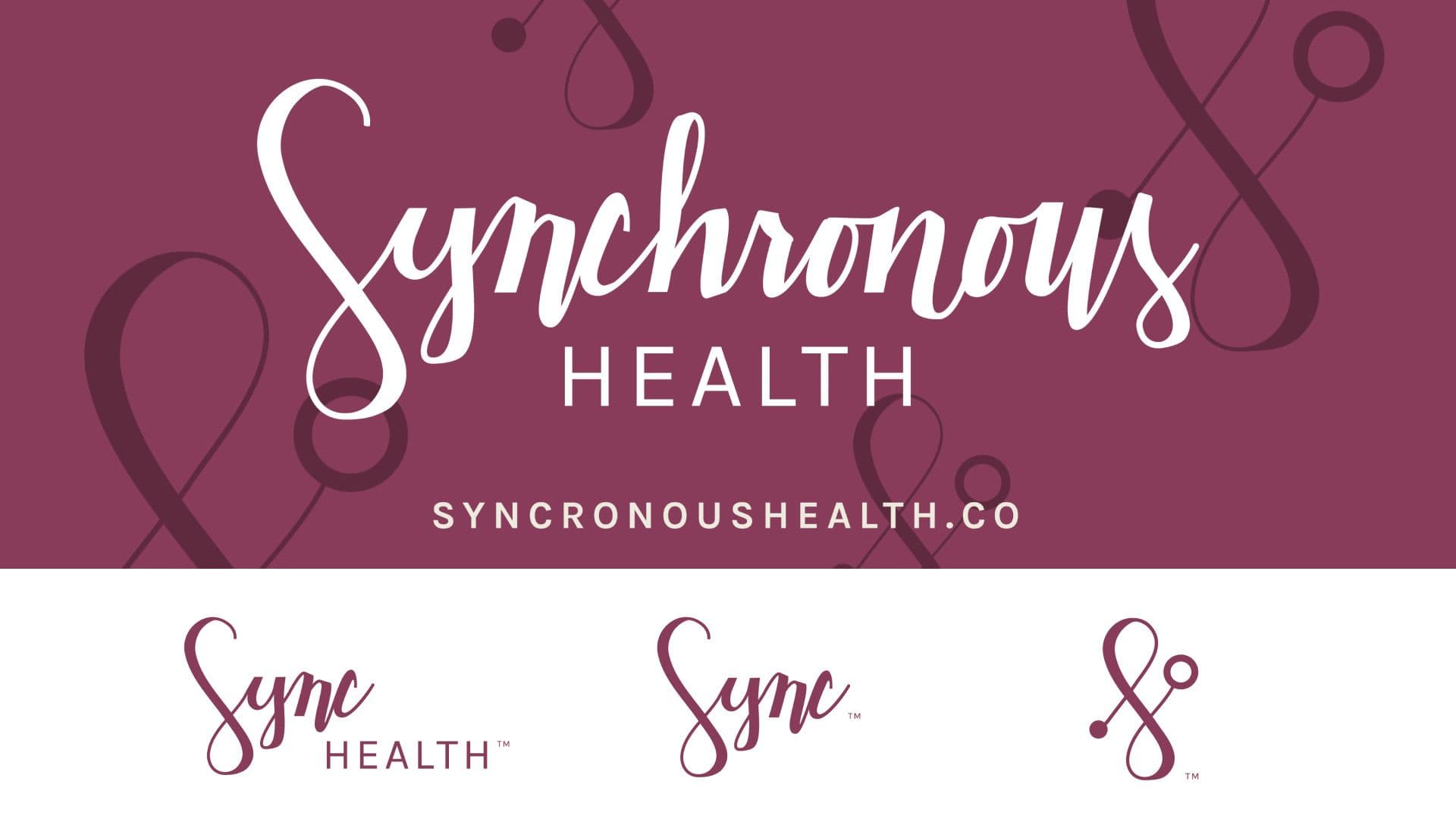 A brand logo sheet shows the "Synchronous Health" name in a white script font on a burgundy banner. Below, several logo variations are displayed on a white background, including a simplified "Sync" wordmark and a standalone stethoscope icon.
