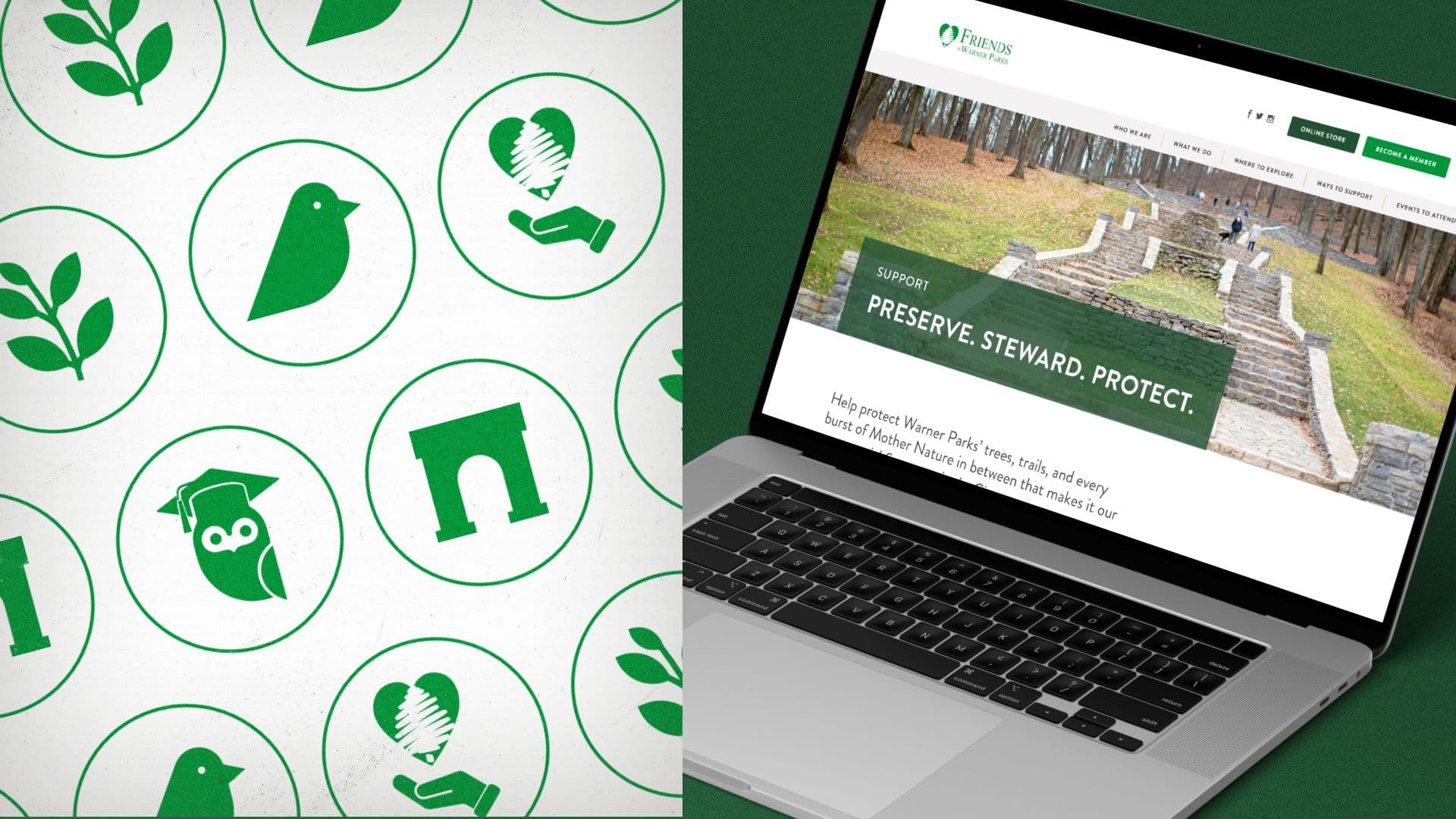 Friends of Warner Parks icon set beside the new website on a laptop