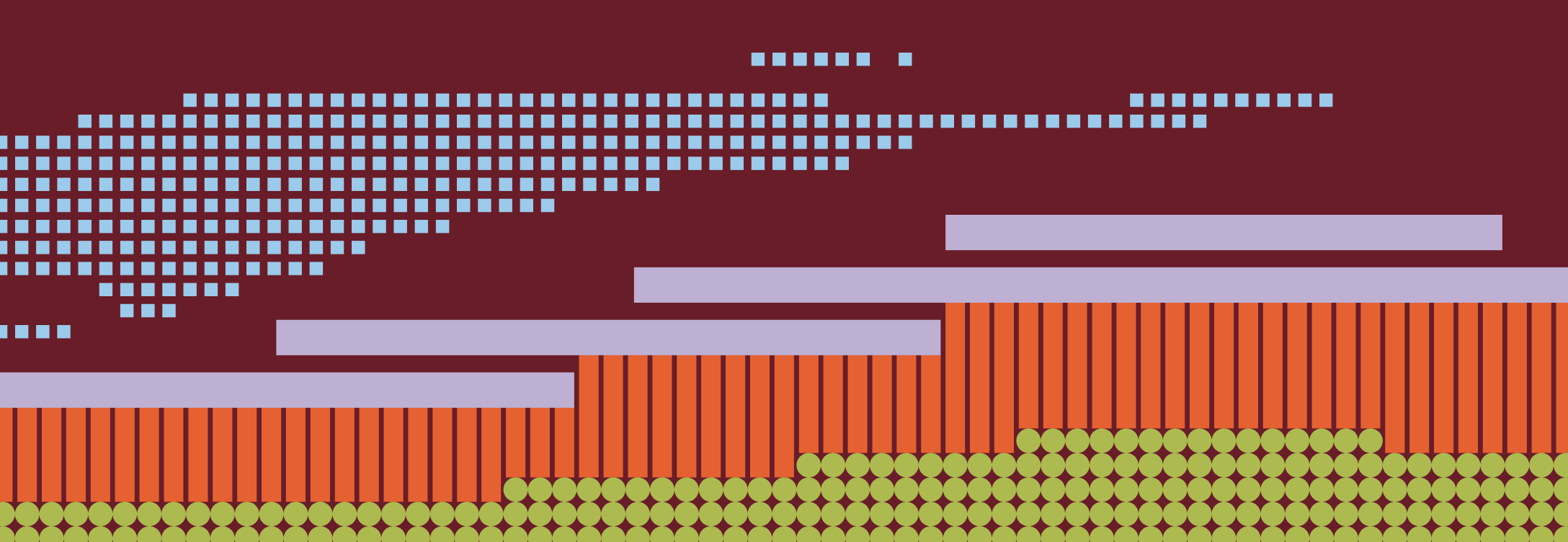 Bars, dots and stripes in orange, lavender and pale blue rising across a burgundy background, like a chart
