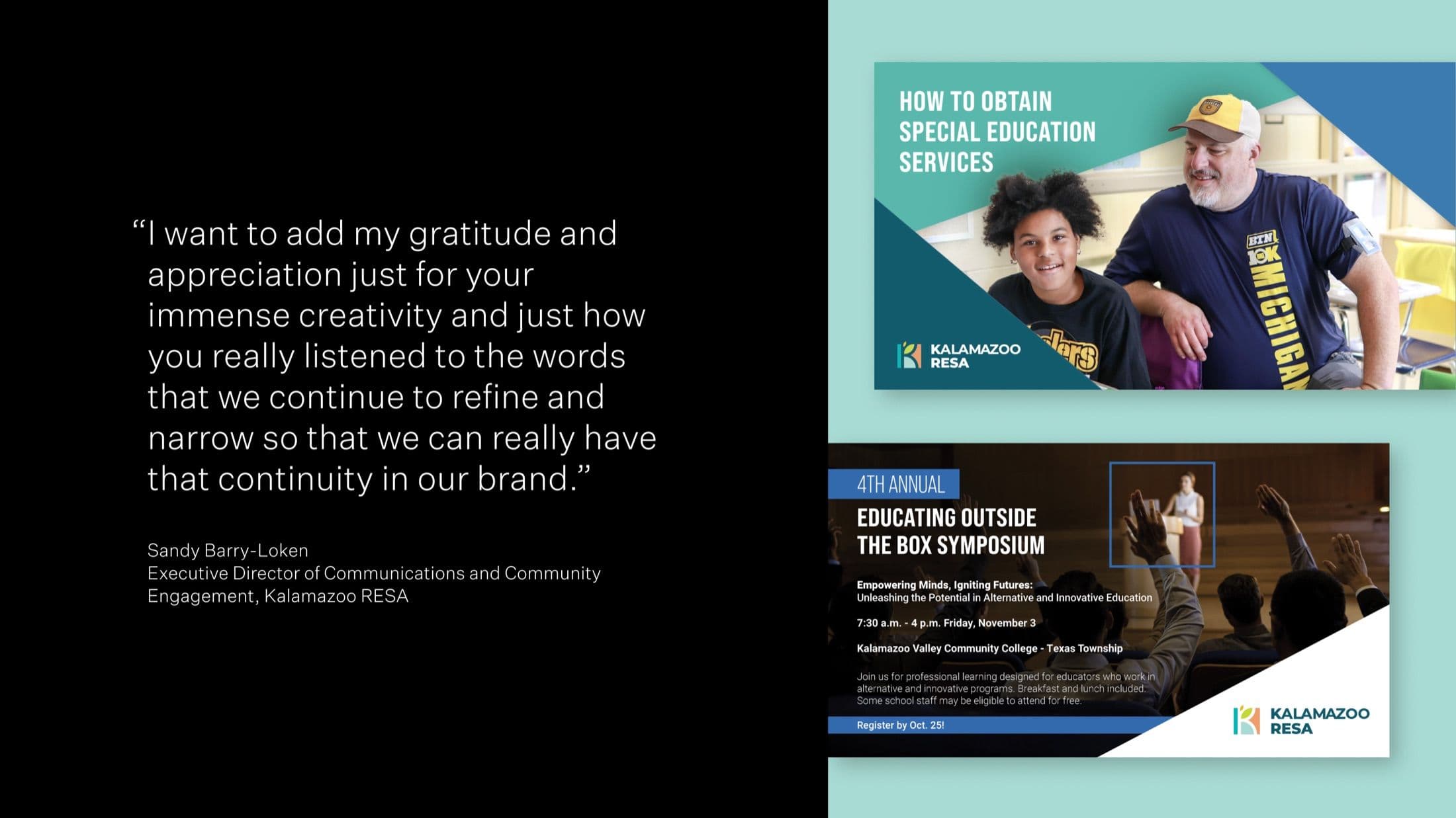 Quote about working with Circa from Sandy Barry-Loken, KRESA Executive Director of Communications and Community next to some branded photography.