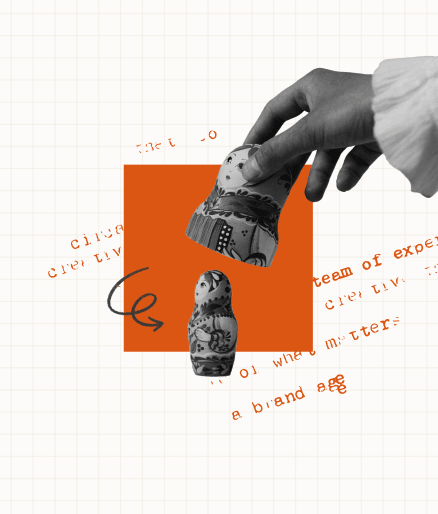 Symbolic, decorative image of a hand lifting off the top layer of a Matryoshka doll with semi-transparent text in the background. This symbolizes the work needed to begin at the core of a business when aligning brand services. Something the EOS process facilitates.