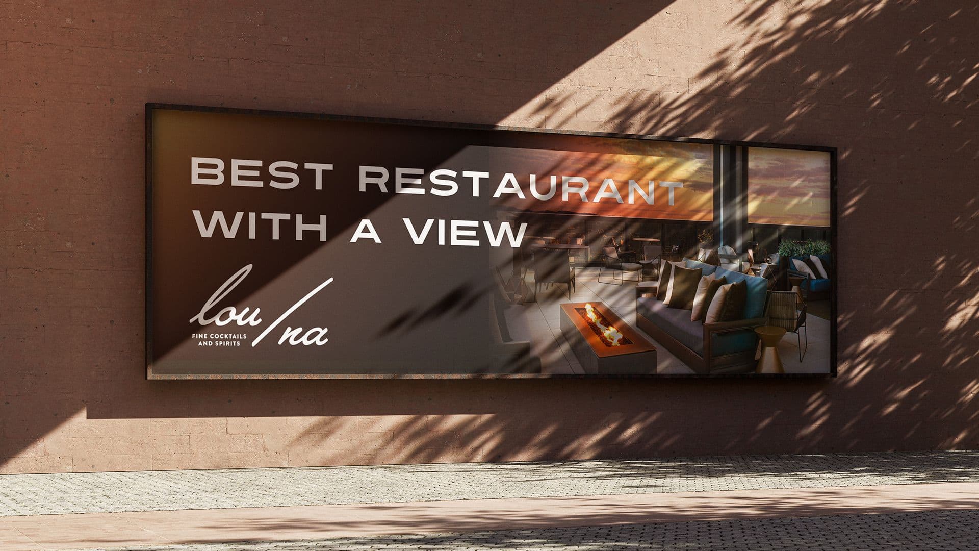 Mural-style advertisement for Lou/Na rooftop bar featuring an outdoor fire pit and sunset views.