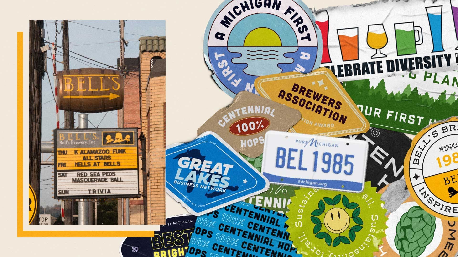 Collage of Bell's branded stickers layered on top of one another