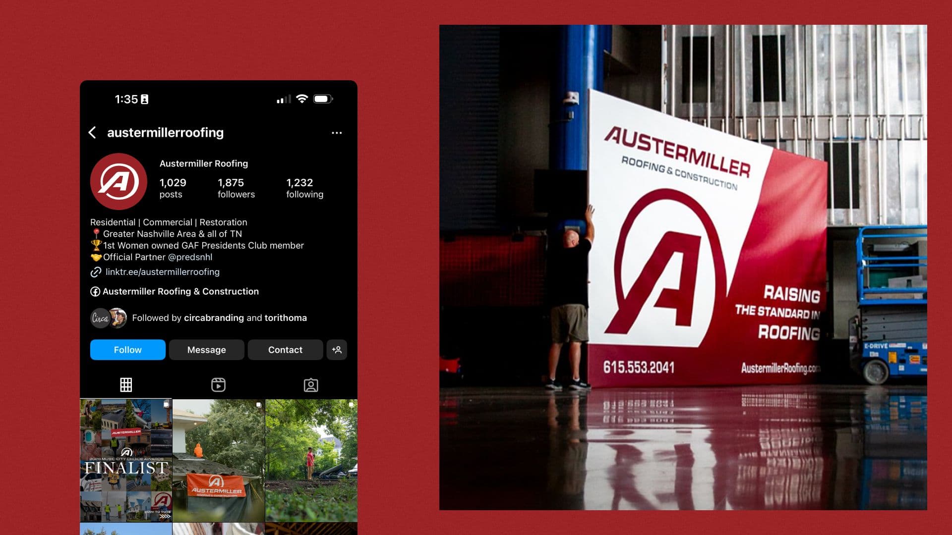 Austermiller Instagram profile beside a branded job-site banner