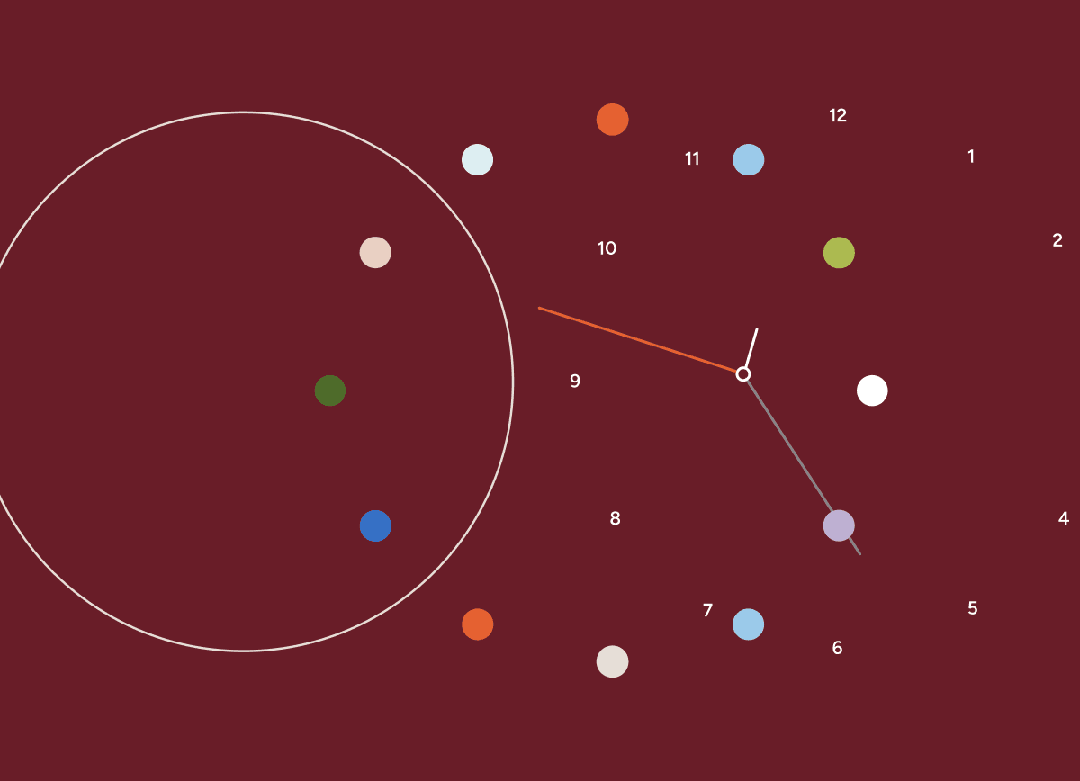 A clock face on burgundy with colored dots scattered around it