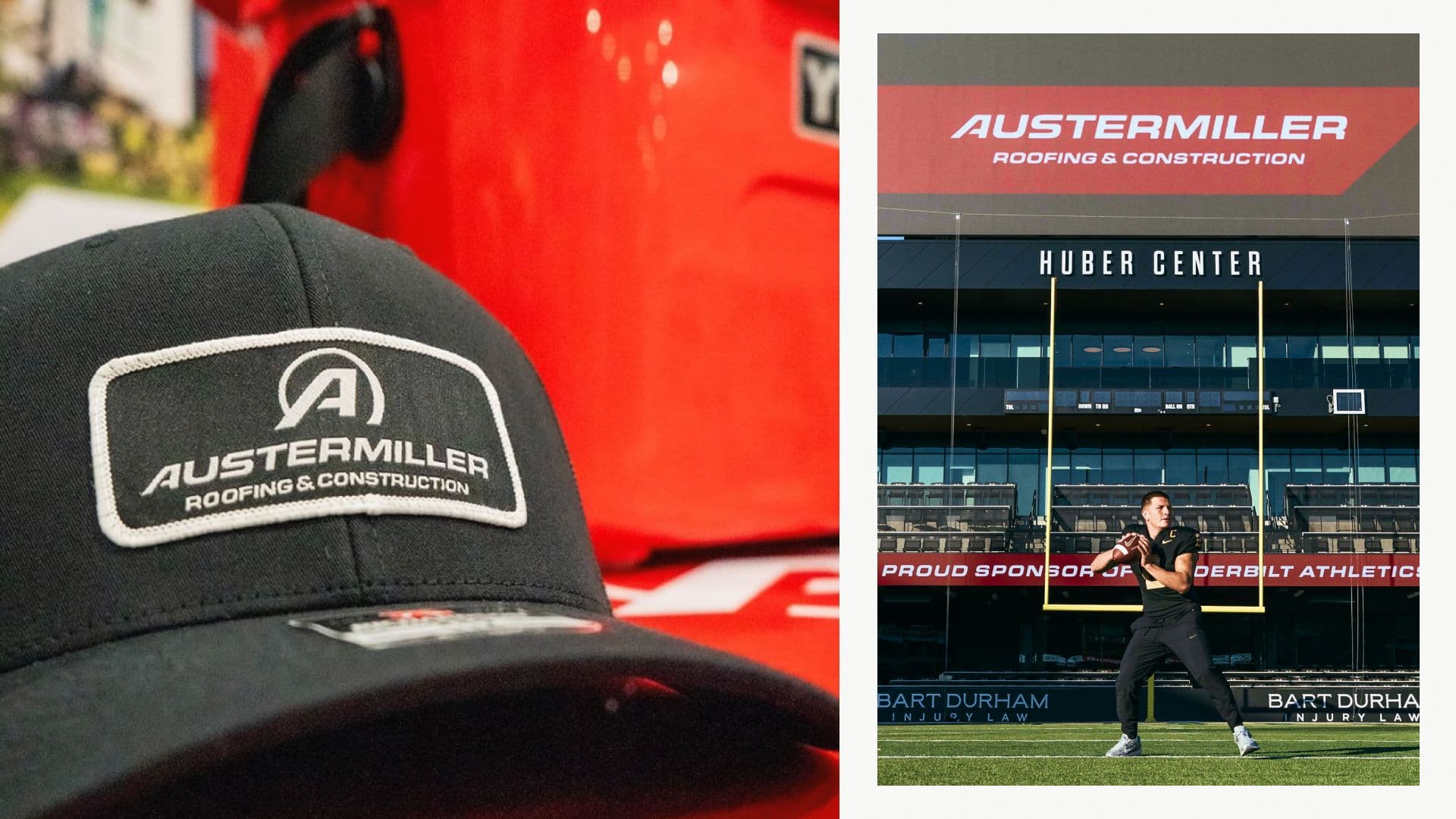 Austermiller hat and Huber Center sponsorship signage