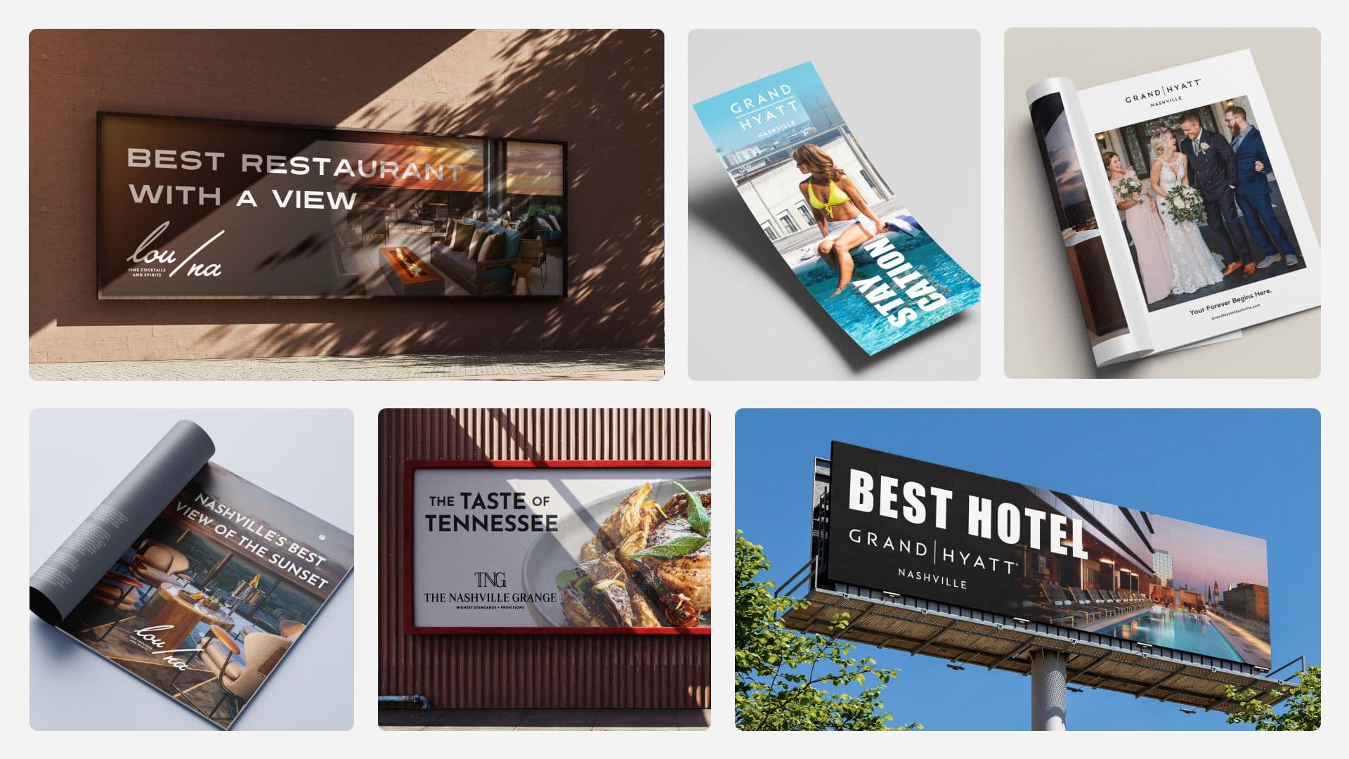 A collection of marketing materials for Grand Hyatt Nashville including billboards, brochures, and print ads.