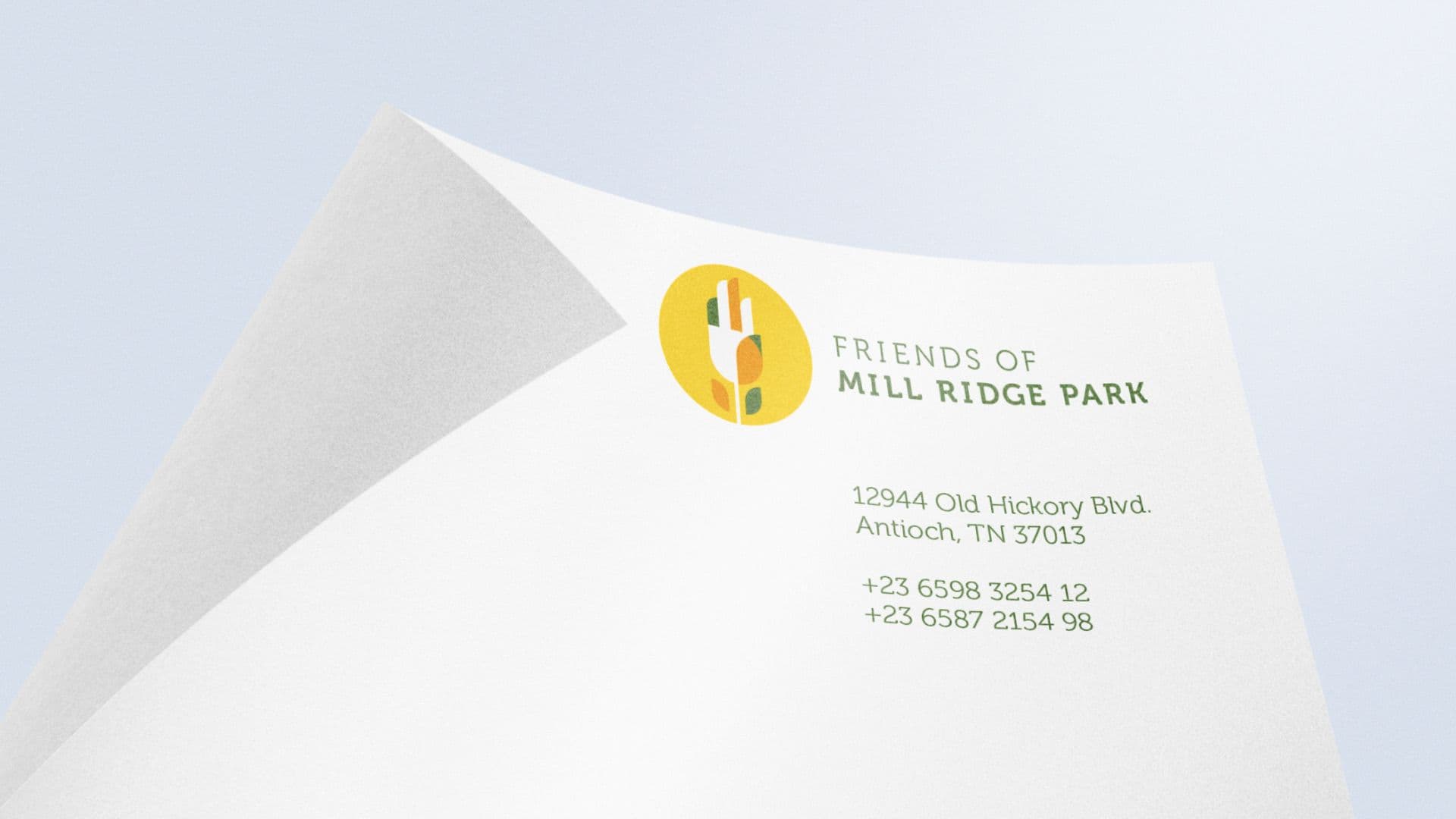 Close-up of Friends of Mill Ridge Park official letterhead with contact information and logo.