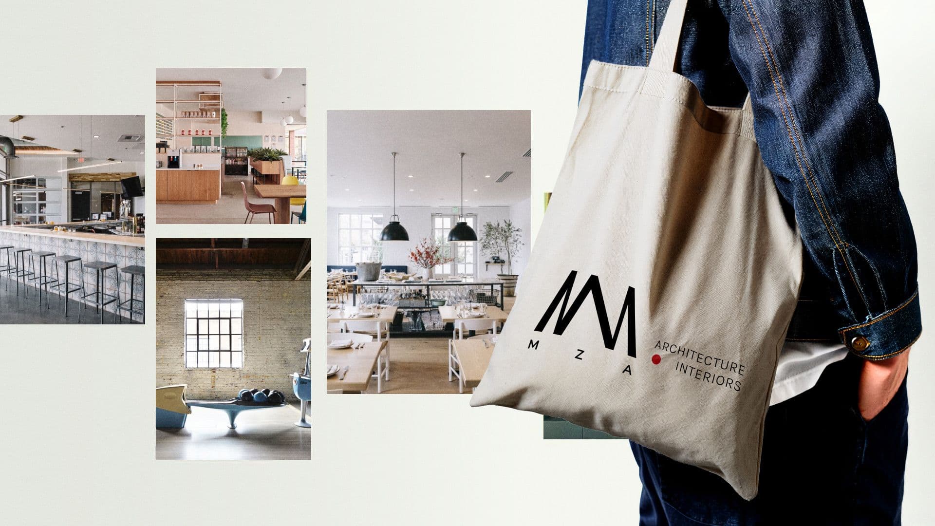A person carrying a canvas MZA branded tote bag next to a collage of modern restaurant and cafe interior design projects.