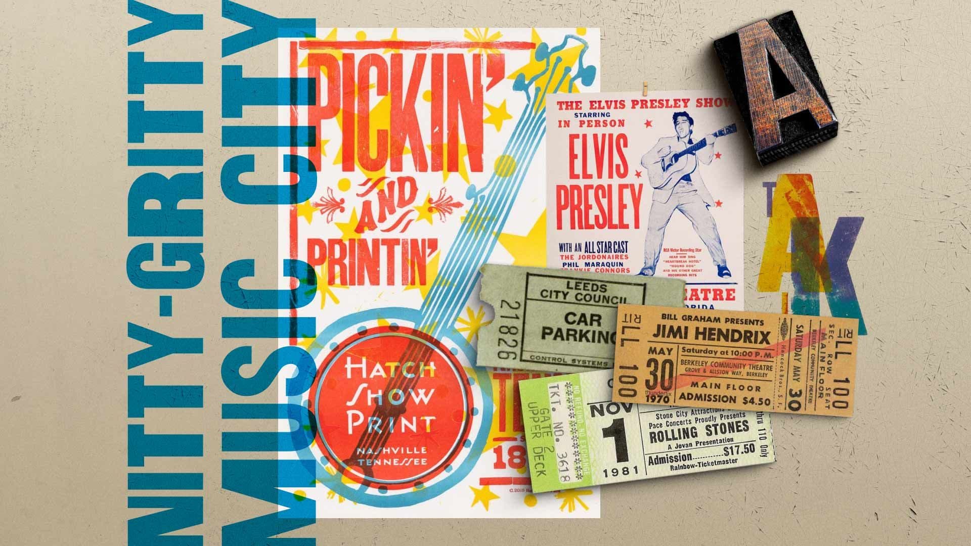 Mood board compilation of screen print style post cards and vintage letterpress elements
