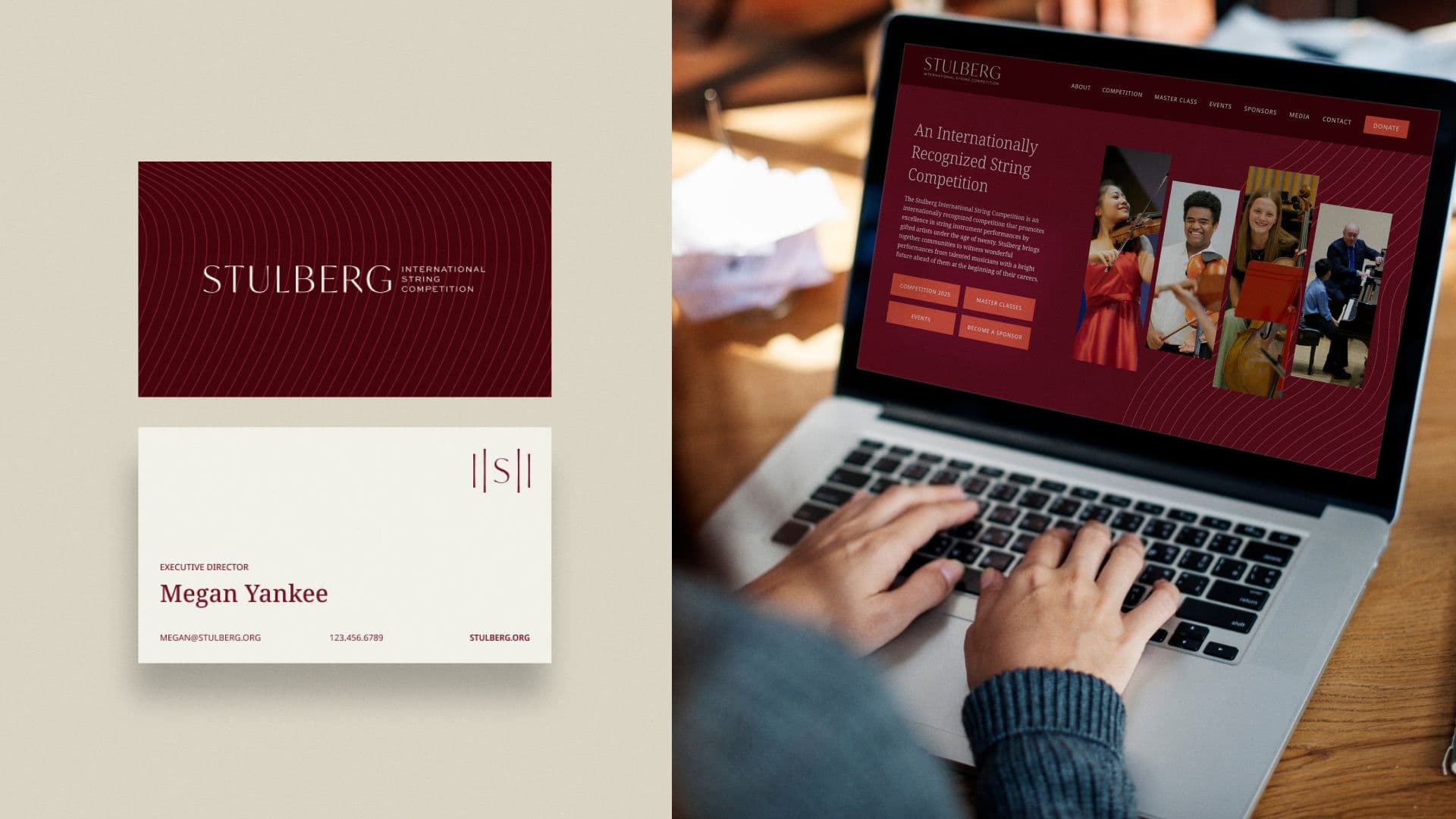 Laptop displaying the Stulberg International String Competition website next to the Executive Director's printed business card.