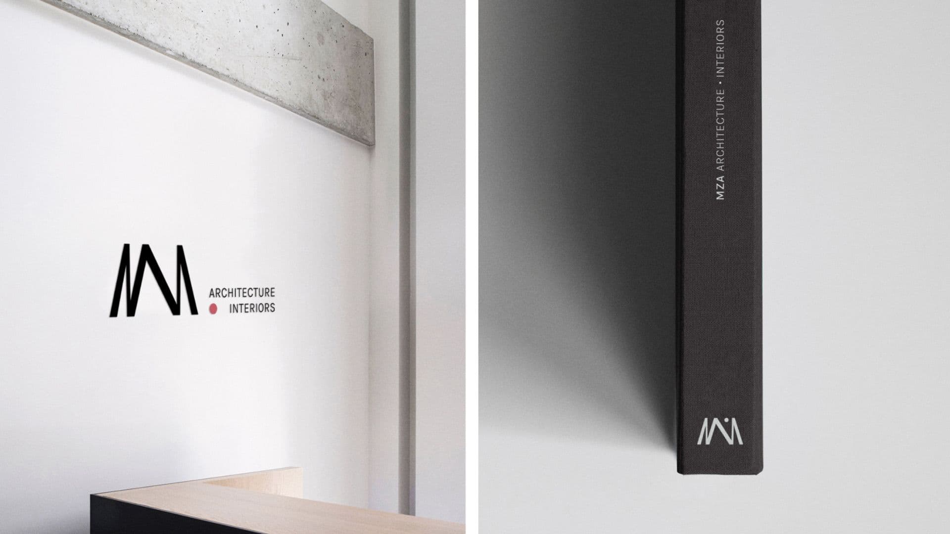 Interior office branding showing the MZA logo on a white wall and the title "MZA Architecture + Interiors" on a black book spine.