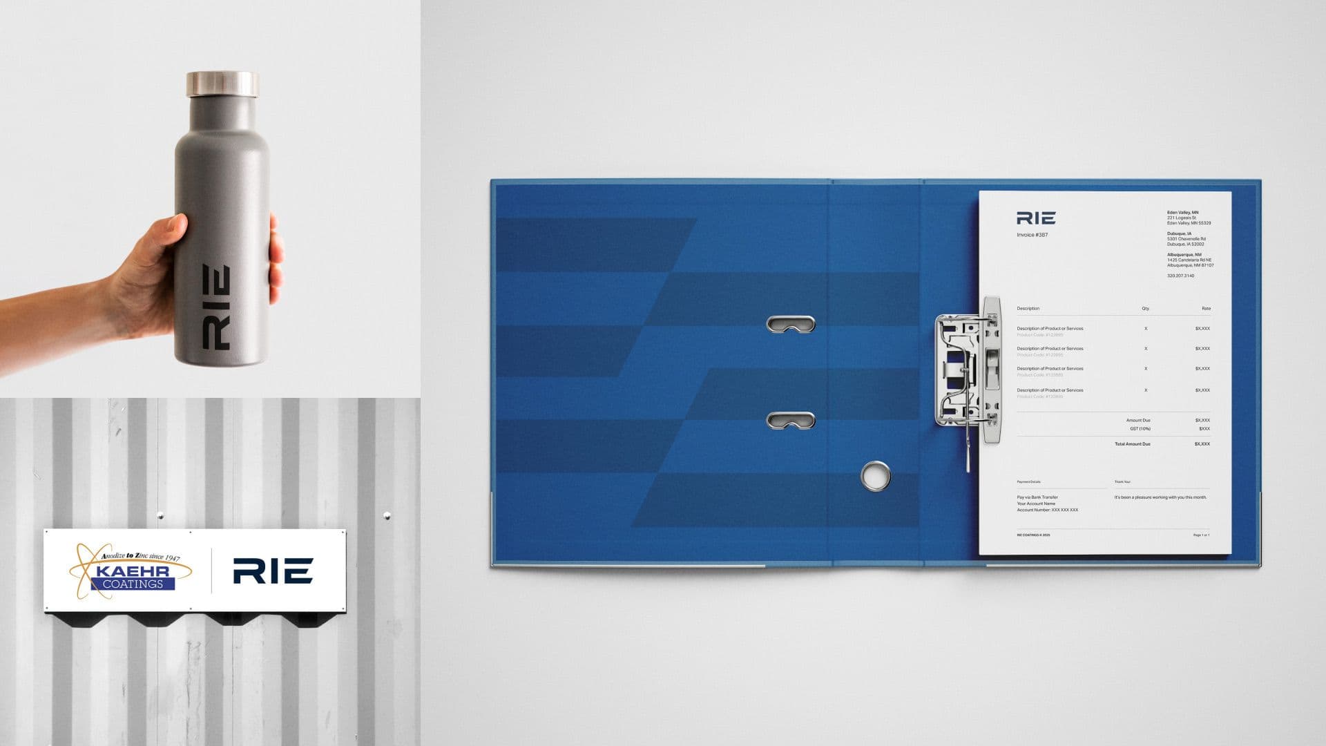 Collage of RIE brand assets including a matte gray water bottle with vertical 'RIE' text, a metal wall sign featuring logos for KAEHR PLASTICS and RIE, and an open blue binder containing a branded invoice or report with geometric interior design