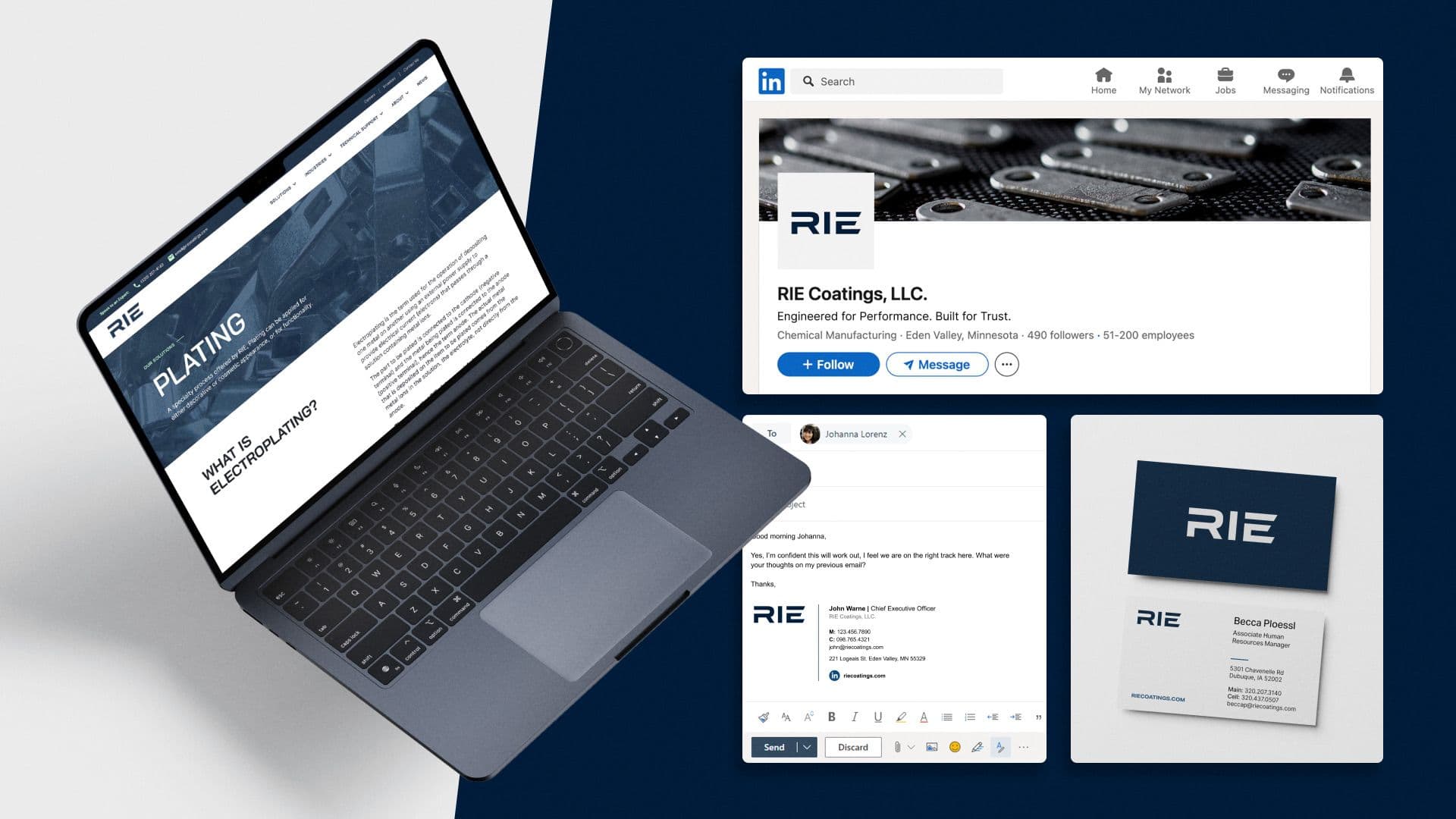 Collage of RIE Coatings' digital brand presence including a laptop showing their website, LinkedIn profile with company details, a LinkedIn post draft, and branded business card and envelope for Rieta Preus.