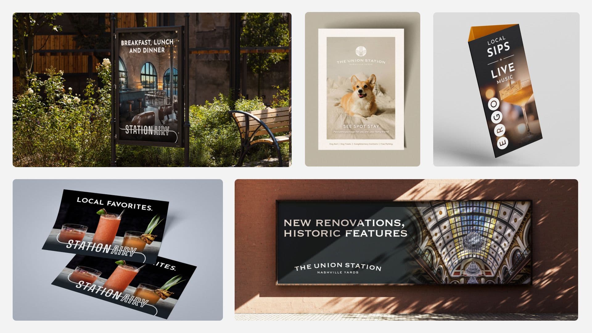 A composite of marketing materials including restaurant signage, pet-friendly hotel ads, and drink menus for The Union Station.