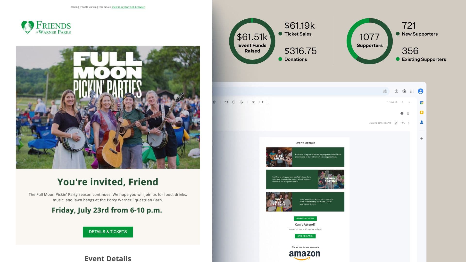 Full Moon Pickin' Party email inviting receivers to sign up for the event.