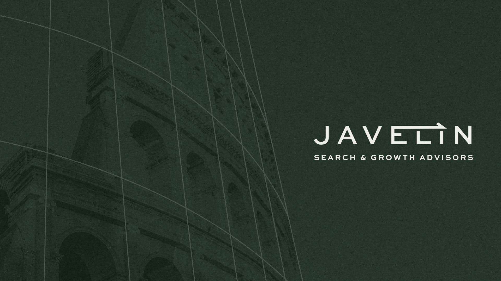 Javelin logo on a dark green background featuring a transparent version of the Roman Colosseum