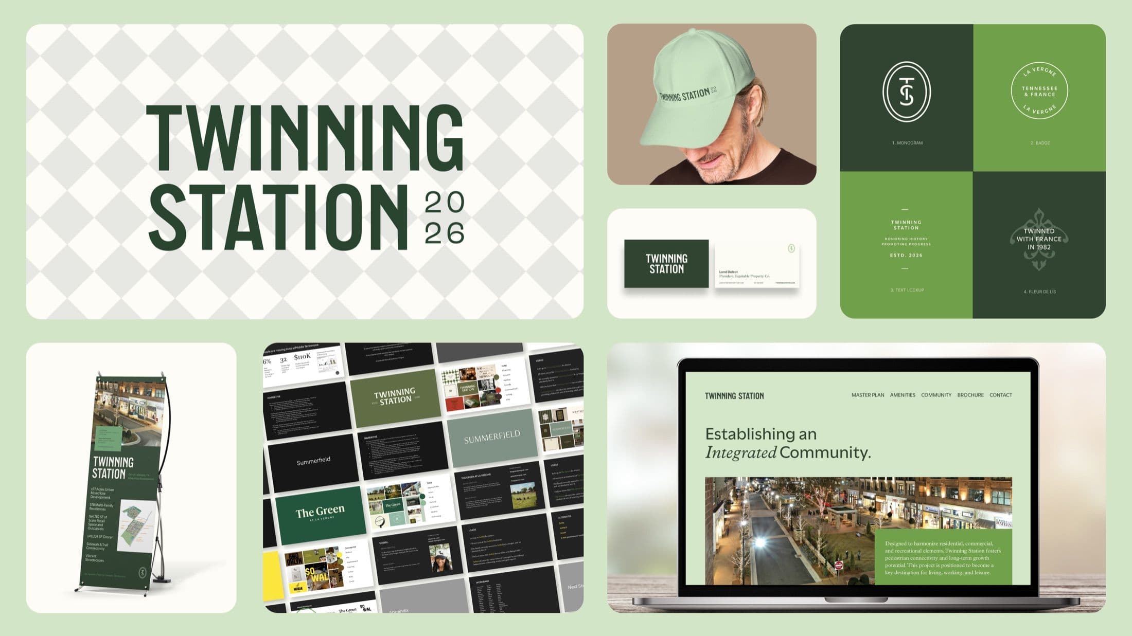 A comprehensive collage of the Twinning Station brand identity, featuring the main logo, monogram, website mockup, presentation slides, branded baseball cap, business card, and pull-up banner.