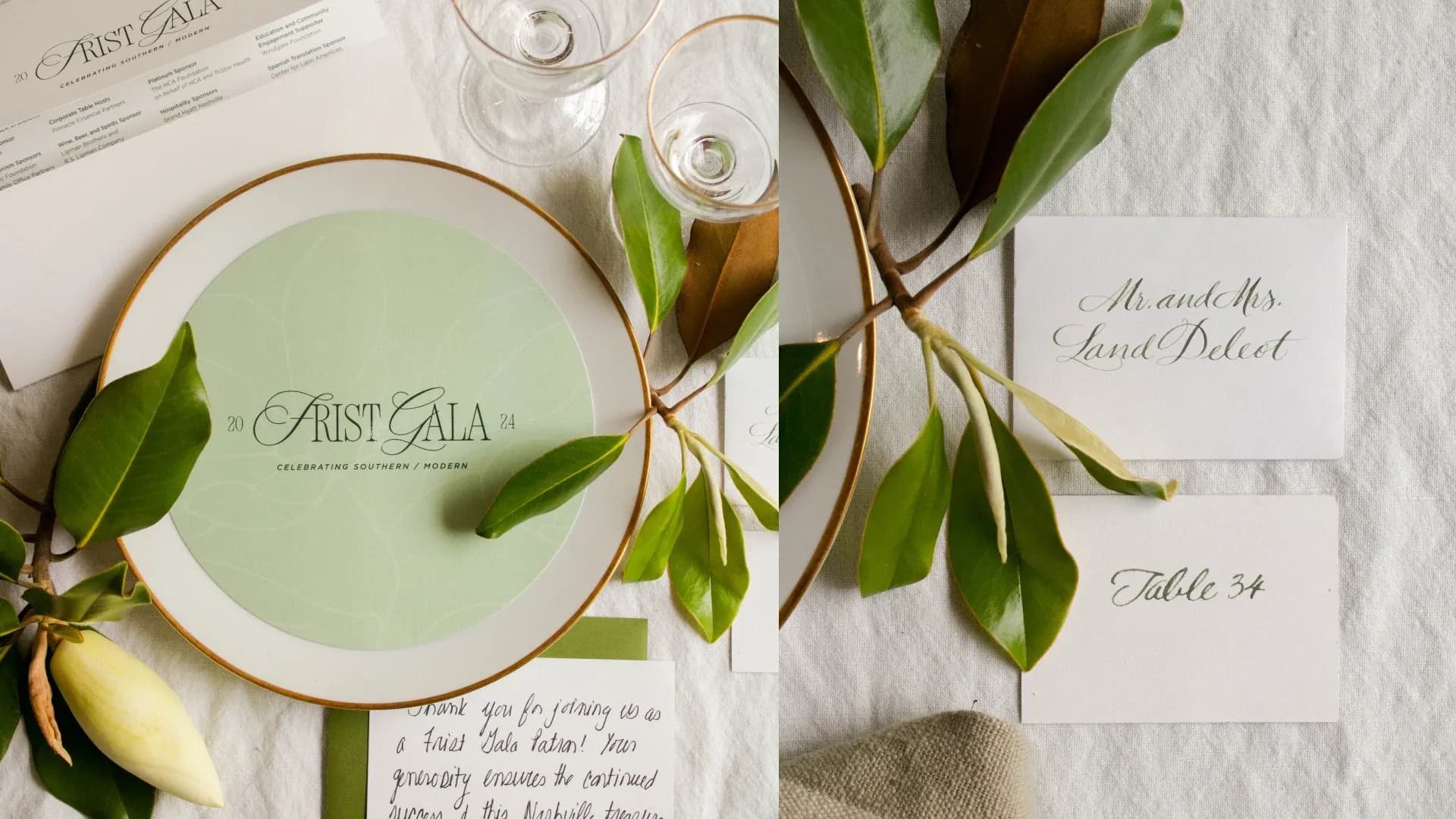 Menu card and table place setting with magnolia branches and buds