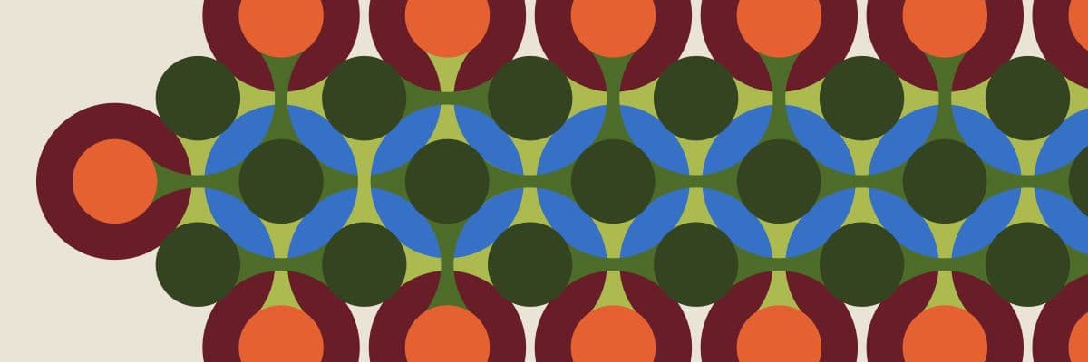 Graphic images of red, tangerine, green, blue, and tan circles transitioning and aligning in and out of each other.