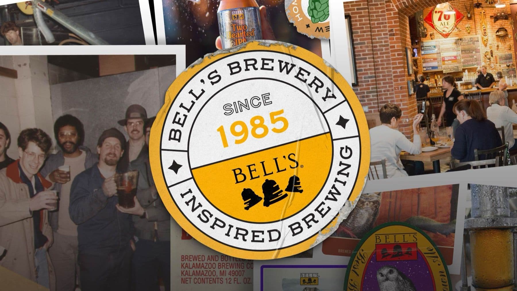 Bell's Brewery inspired brewing badge over a photo of the brewery