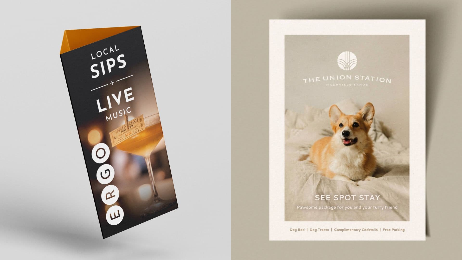 Left: A table tent for Ergo bar featuring cocktails and live music. Right: A "See Spot Stay" pet-friendly package flyer featuring a Corgi dog on a hotel bed.